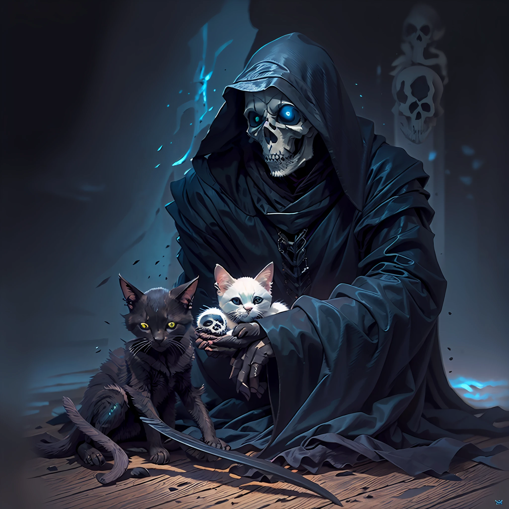 the grim reaper petting a cute kitten, Best quality, masterpiece:1.3, ultra high res, (((perfect hands))), (scythe, skull, black robe, black cloak, grim reaper, death (entity), glowing blue eyes, kitten, petting, sitting)