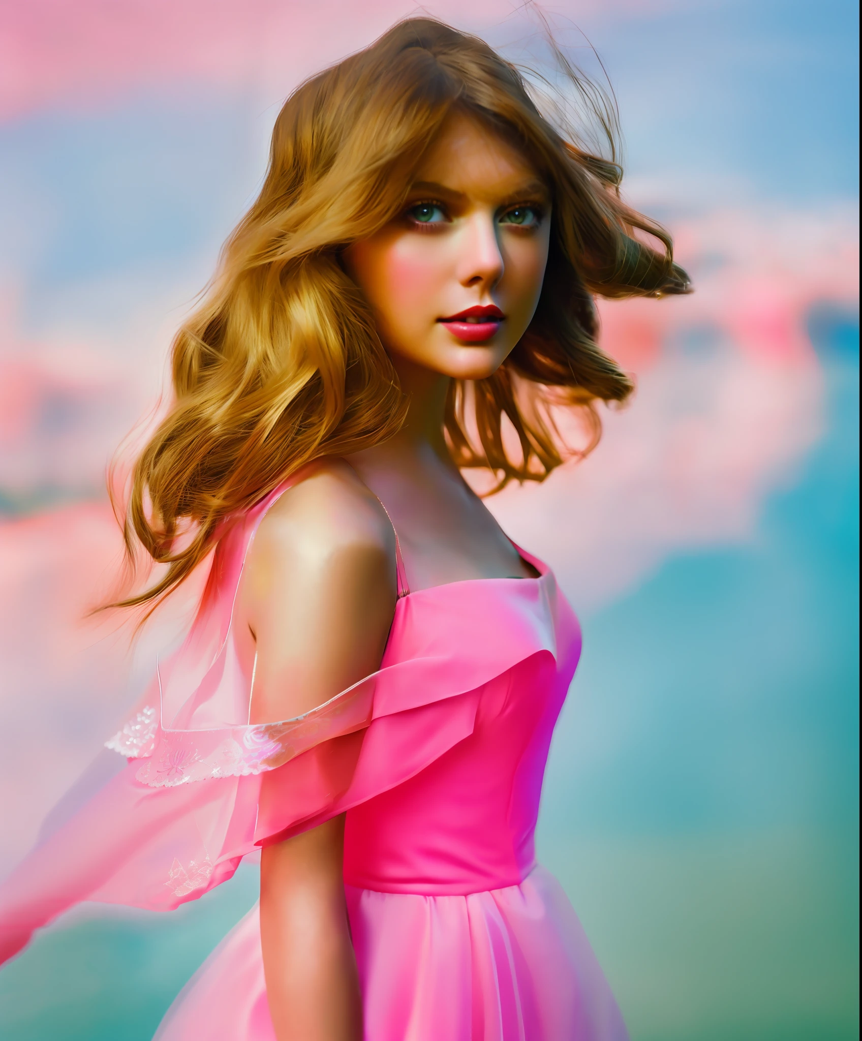 araffed woman in a pink dress posing for a picture, portrait photo of taylor swift, photograph of taylor swift, taylor swift, portrait of taylor swift, swift, taylor swift as a heavenly angel, taylor swift modeling, taylor swift with green dress, taylor swift face, masterpiece work of art, taylor swift carrying a rifle, taylor swift as princess leia, poppy