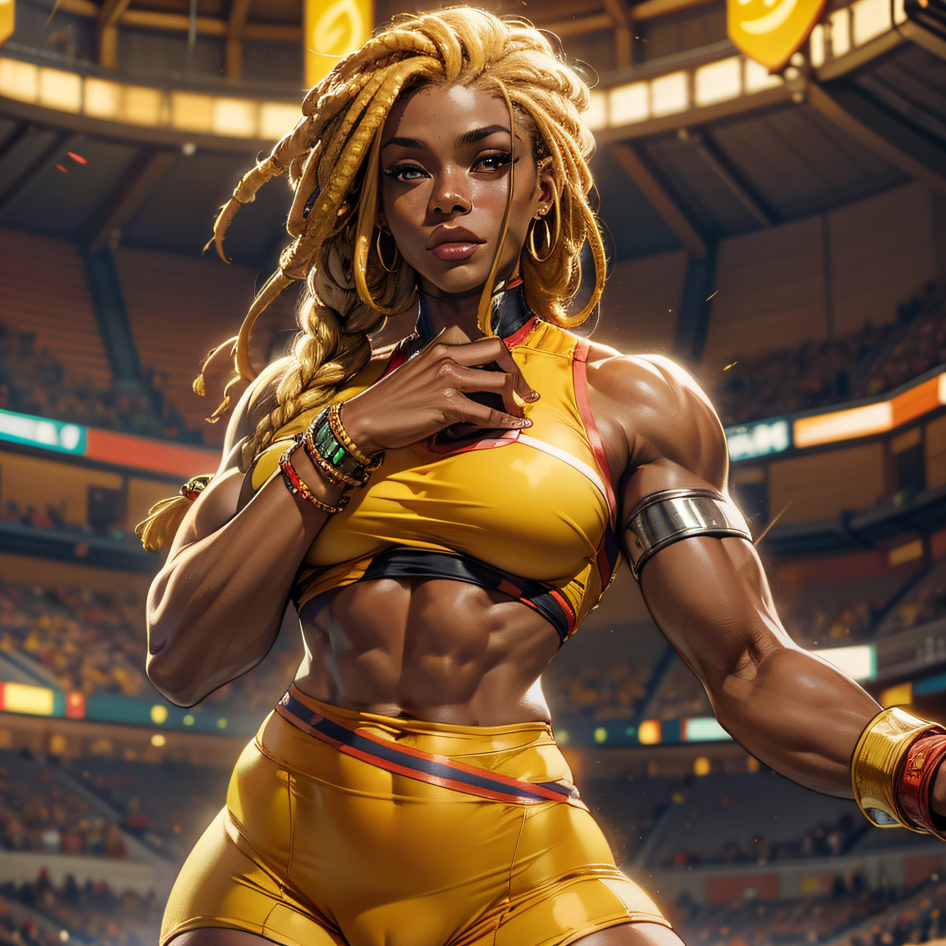 (perfect anatomy), (sports body), (big breastes), (thick-thighs), (perfect arms), (tracksuit ), Pointed bracelets, looking a viewer, (Medium full-frame photography), (Background of the battle arena), (yellow dreadlocks)