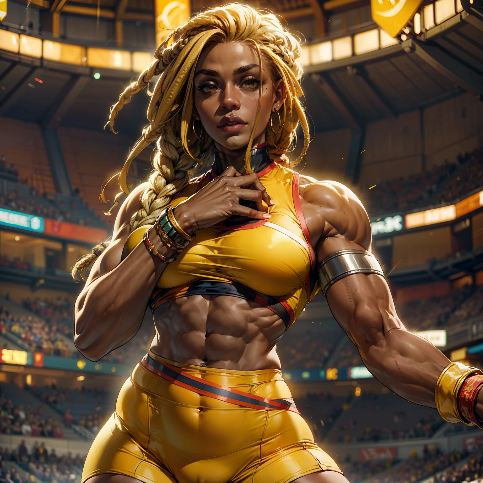 (perfect anatomy), (sports body), (big breastes), (thick-thighs), (perfect arms), (tracksuit ), Pointed bracelets, looking a viewer, (Medium full-frame photography), (Background of the battle arena), (yellow dreadlocks)