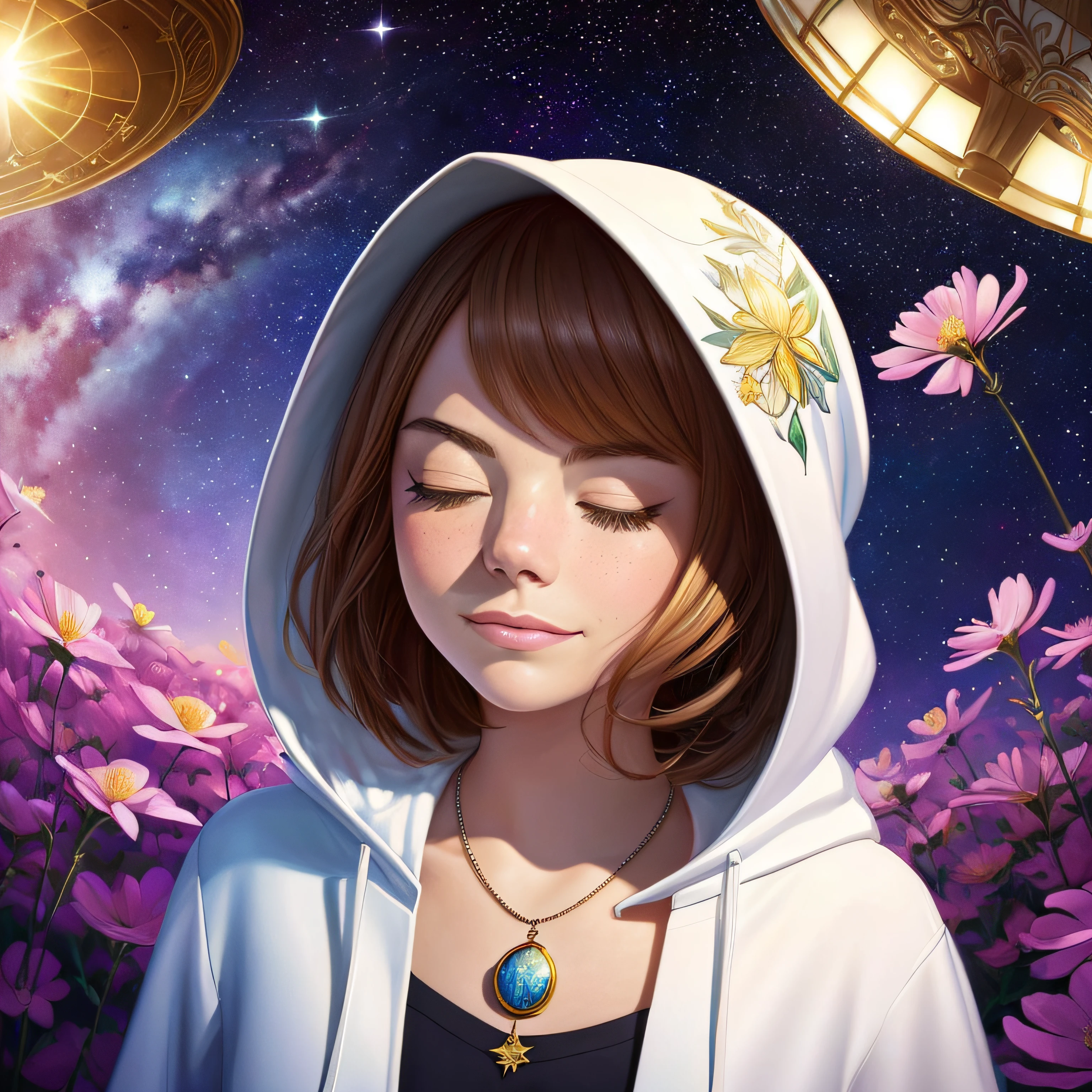 (((meio retrato))), (((there's Emma Stone who's praying with her eyes closed in flowers wearing a hooded T-shirt and a simple necklace.))), (((flying saucer is visible in the sky))),(((usando roupa: hiphop))), (((Background visible universe))), (((estrelas sao visiveis no ceu))), (((it's at night))), Beautiful digital illustration, painting digital adorable, pintura realista da menina bonito, retrato bonito da arte da fantasia, retrato bonito da fantasia, bela arte digital, stunning digital illustration, a beautiful artwork illustration, Digital painting nice, lindo pintura digital, retrato da arte da fantasia, bela arte digital, Bela arte UHD 4K