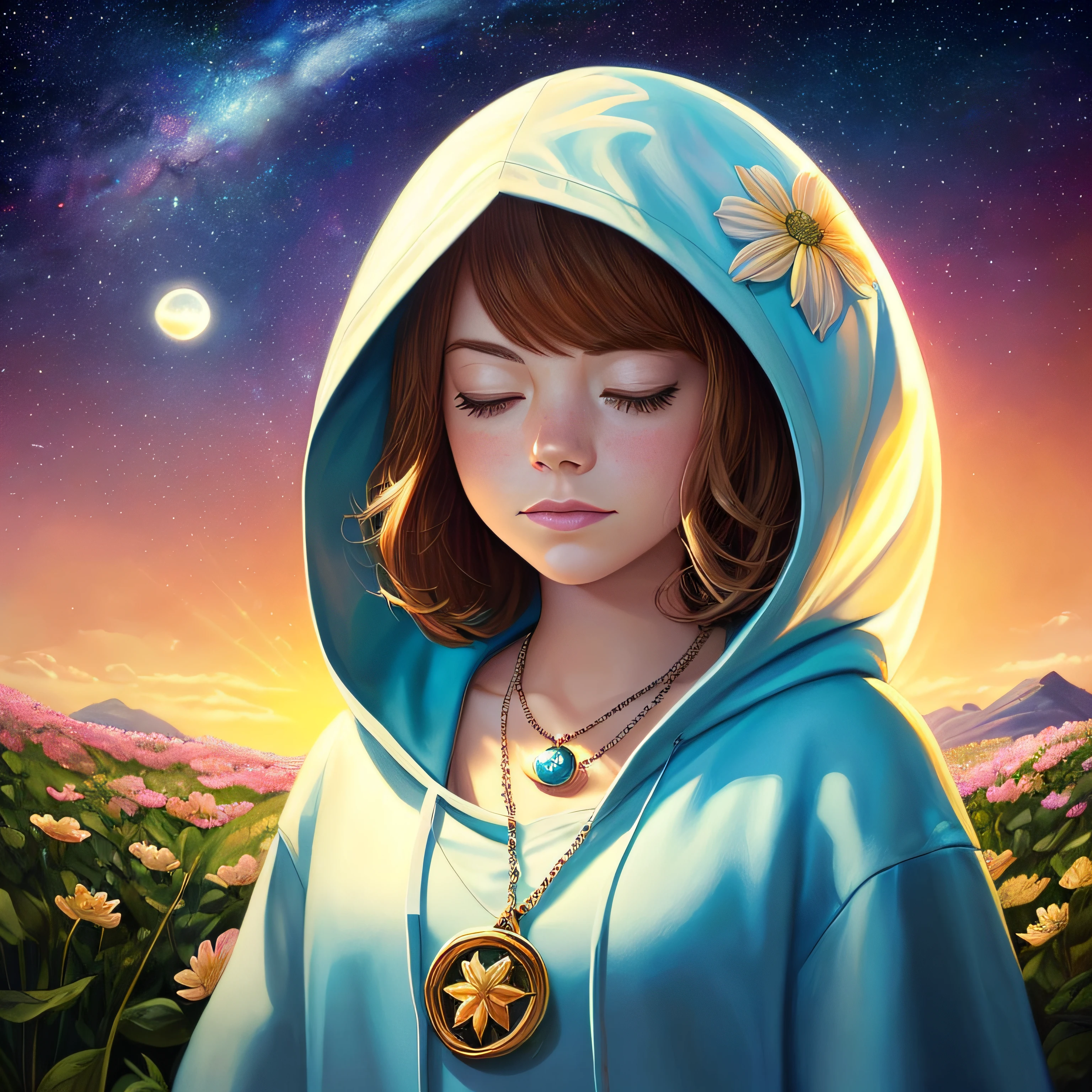 (((meio retrato))), (((there's Emma Stone who's praying with her eyes closed in flowers wearing a hooded T-shirt and a simple necklace.))), (((flying saucer is visible in the sky))),(((usando roupa: hiphop))), (((Background visible universe))), (((estrelas sao visiveis no ceu))), (((it's at night))), Beautiful digital illustration, painting digital adorable, pintura realista da menina bonito, retrato bonito da arte da fantasia, retrato bonito da fantasia, bela arte digital, stunning digital illustration, a beautiful artwork illustration, Digital painting nice, lindo pintura digital, retrato da arte da fantasia, bela arte digital, Bela arte UHD 4K