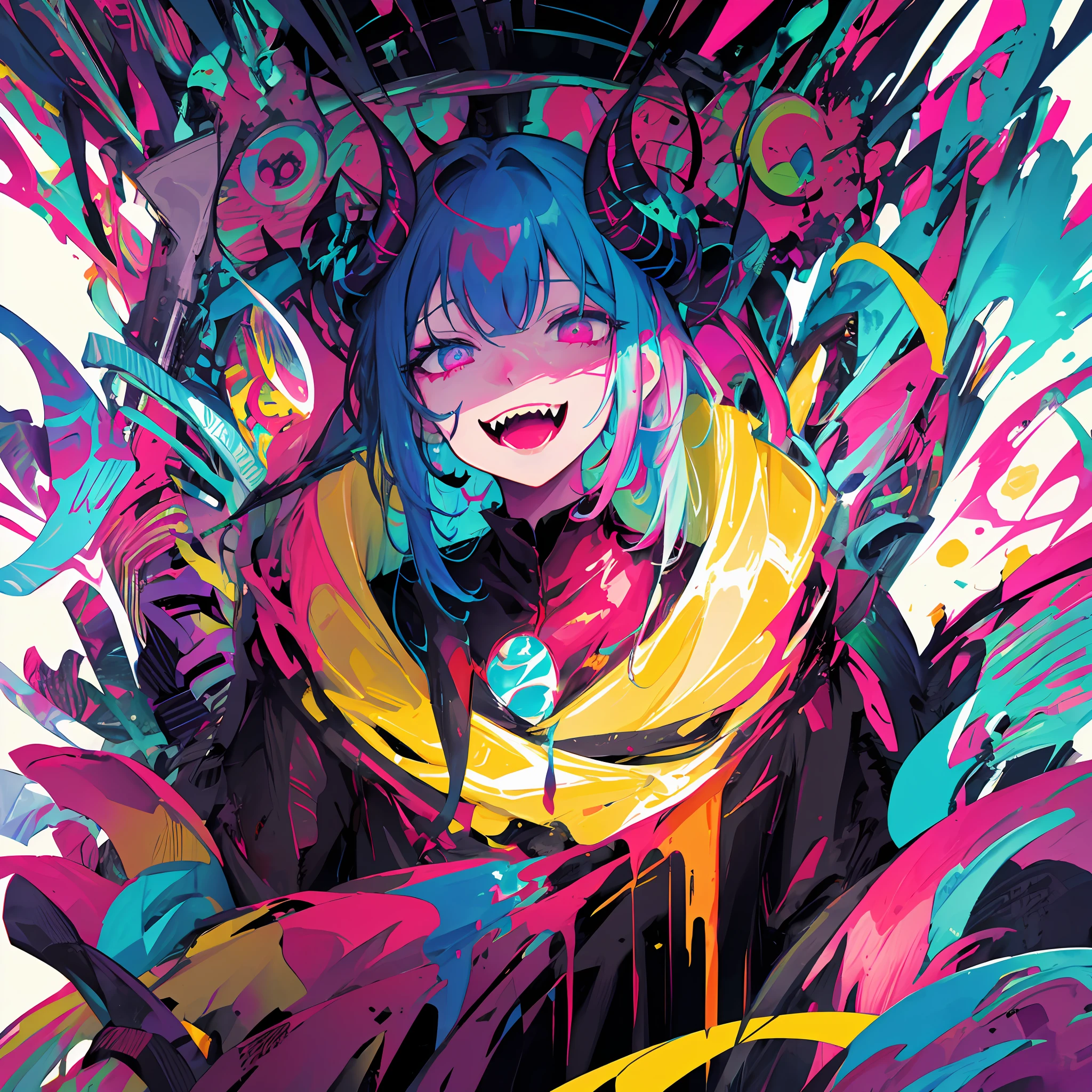 Close-up of a color painting of a large-mouthed demon, psychedelic laughing demon, Scary color art in 4 K, colorfully ominous background, psychedelic cosmic horror, hyper color digital art, bright colors highly detailed, Colorful explosions, Colorful horror art, Colorful film art, Colorful illustrations, Vibrant neon ink painting, scary detailed art in color