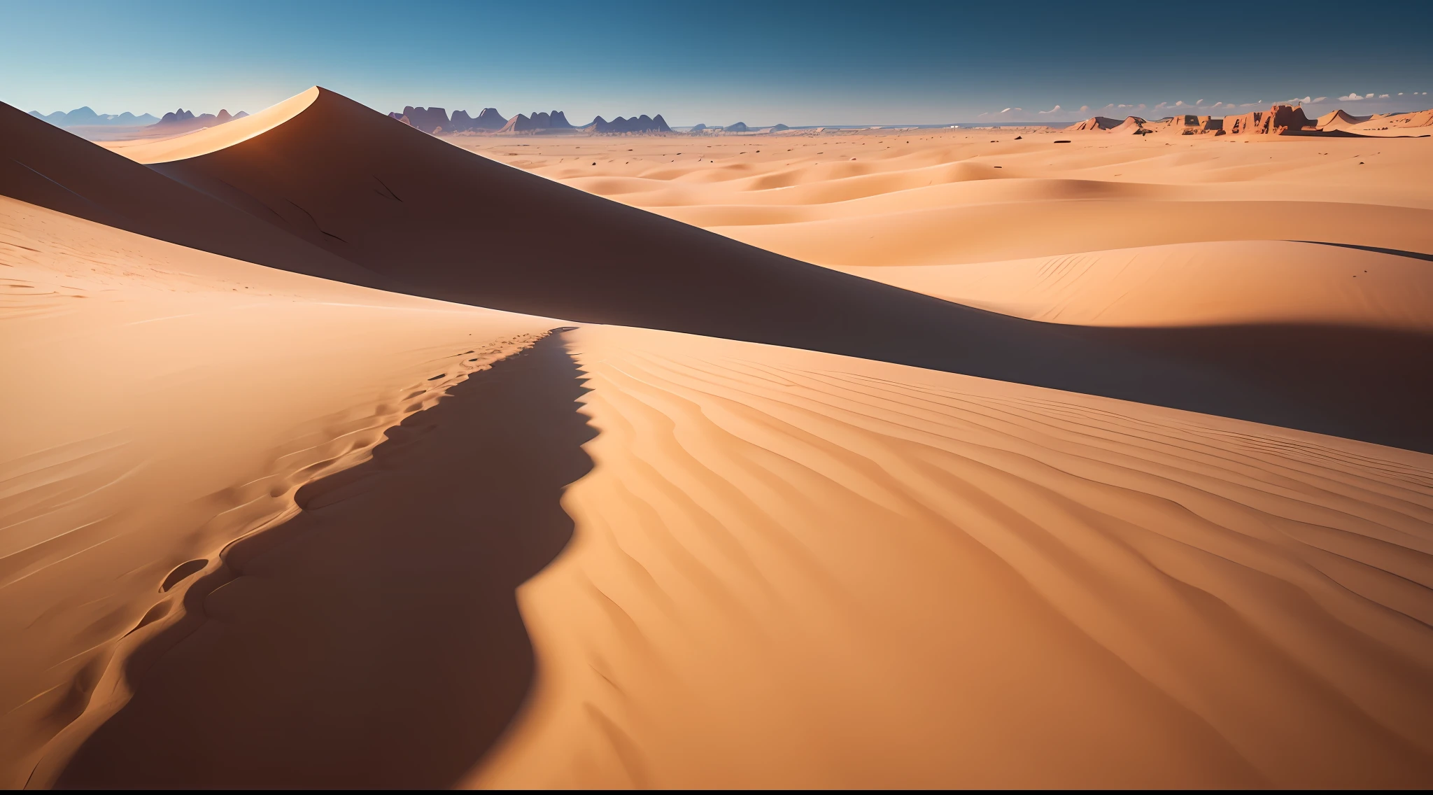 A panoramic view of Dune 45 in the landscape around Sossusvlei, light and shadow, Namib Naukluft National Park, Namibia, Namib Desert, Africa. The dune is tall and imposing, with its bright reddish sides contrasting with the clear blue sky. The surrounding landscape is dry and barren, with a few small plants and shrubs scattered around. The sun shines brightly, creating strong shadows on the sides of the dune. The image is beautiful and majestic, capturing the beauty and power of the Namib Desert. high detailed, 8k, upscaled, unreal engine 5 rendering, high quality coloring, high quality, extreme detail, 4k, ultra hd.