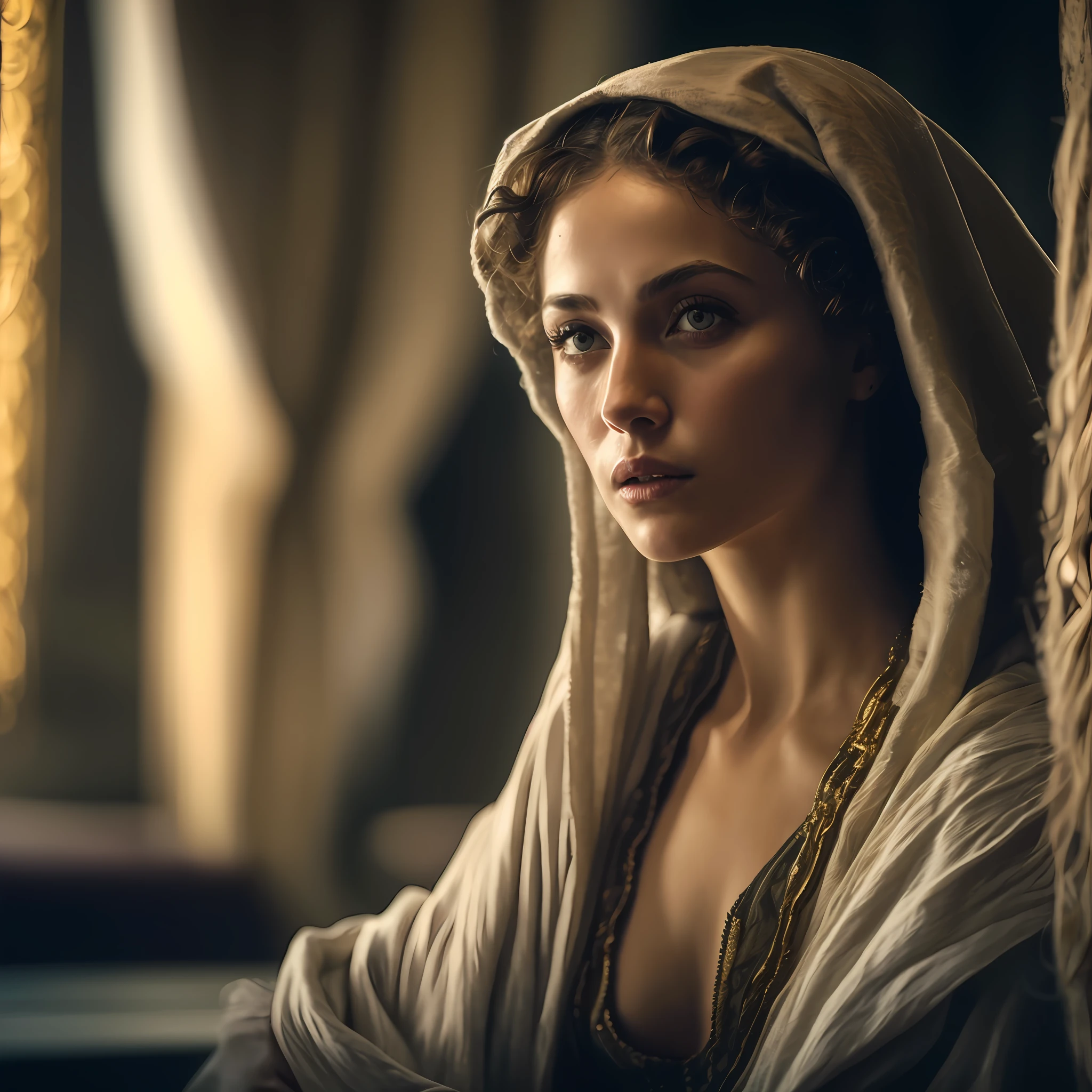 Mulher arrogante em um manto e um capuz sentada em um quarto, filme ainda 8K, Imogen Poots como um guerreiro santo, 8 k filme ainda, Ana de Armas como Joana D'Arc, Olivia Culpo como Milady de Winter, Filme 8K ainda, Poots Imogen como Paladino Santo, Retrato de Megara