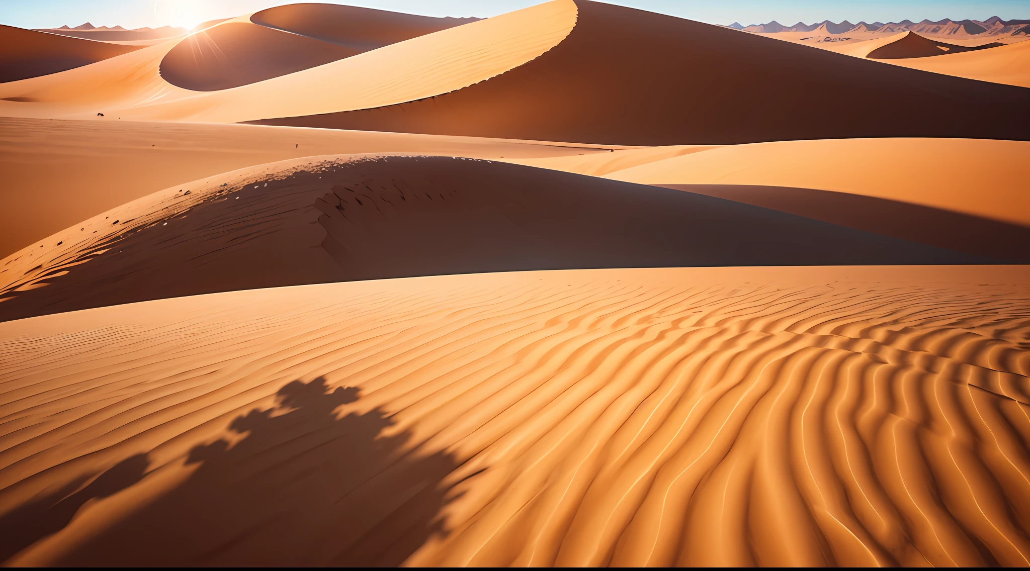 A panoramic view of Dune 45 in the landscape around Sossusvlei, light and shadow, Namib Naukluft National Park, Namibia, Namib Desert, Africa. The dune is tall and imposing, with its bright reddish sides contrasting with the clear blue sky. The surrounding landscape is dry and barren, with a few small plants and shrubs scattered around. The sun shines brightly, creating strong shadows on the sides of the dune. The image is beautiful and majestic, capturing the beauty and power of the Namib Desert. high detailed, 8k, upscaled, unreal engine 5 rendering, high quality coloring, high quality, extreme detail, 4k, ultra hd.