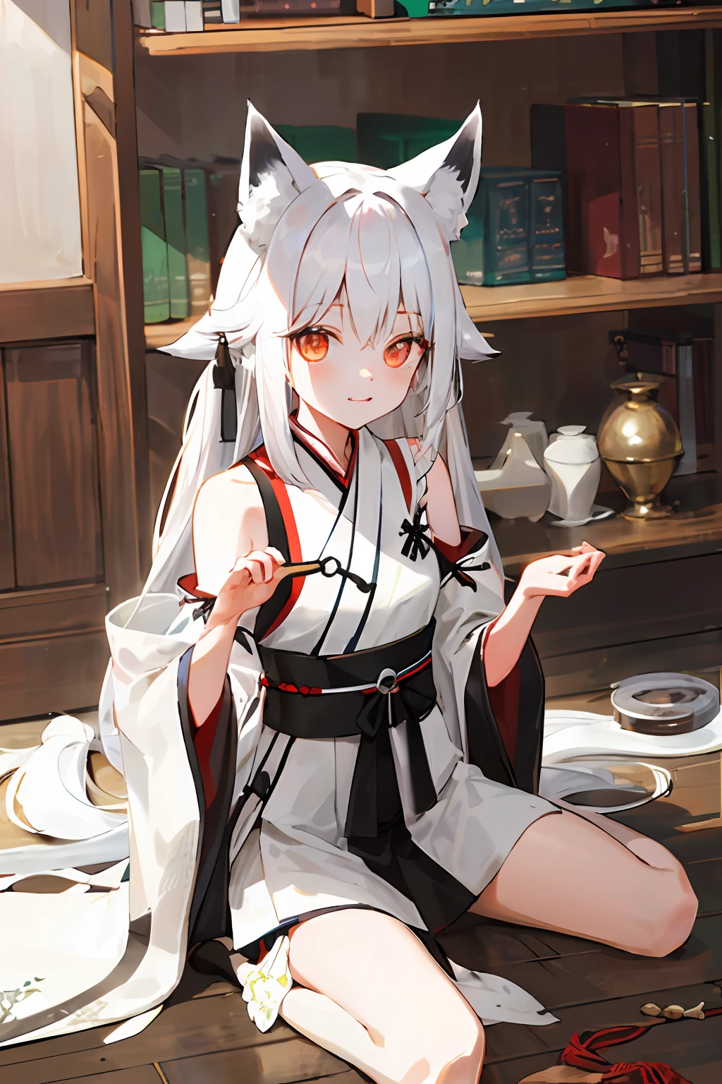 silber hair,Red pupils,Barefoot,Bells are worn at the ankles,Fox ears and foxtails