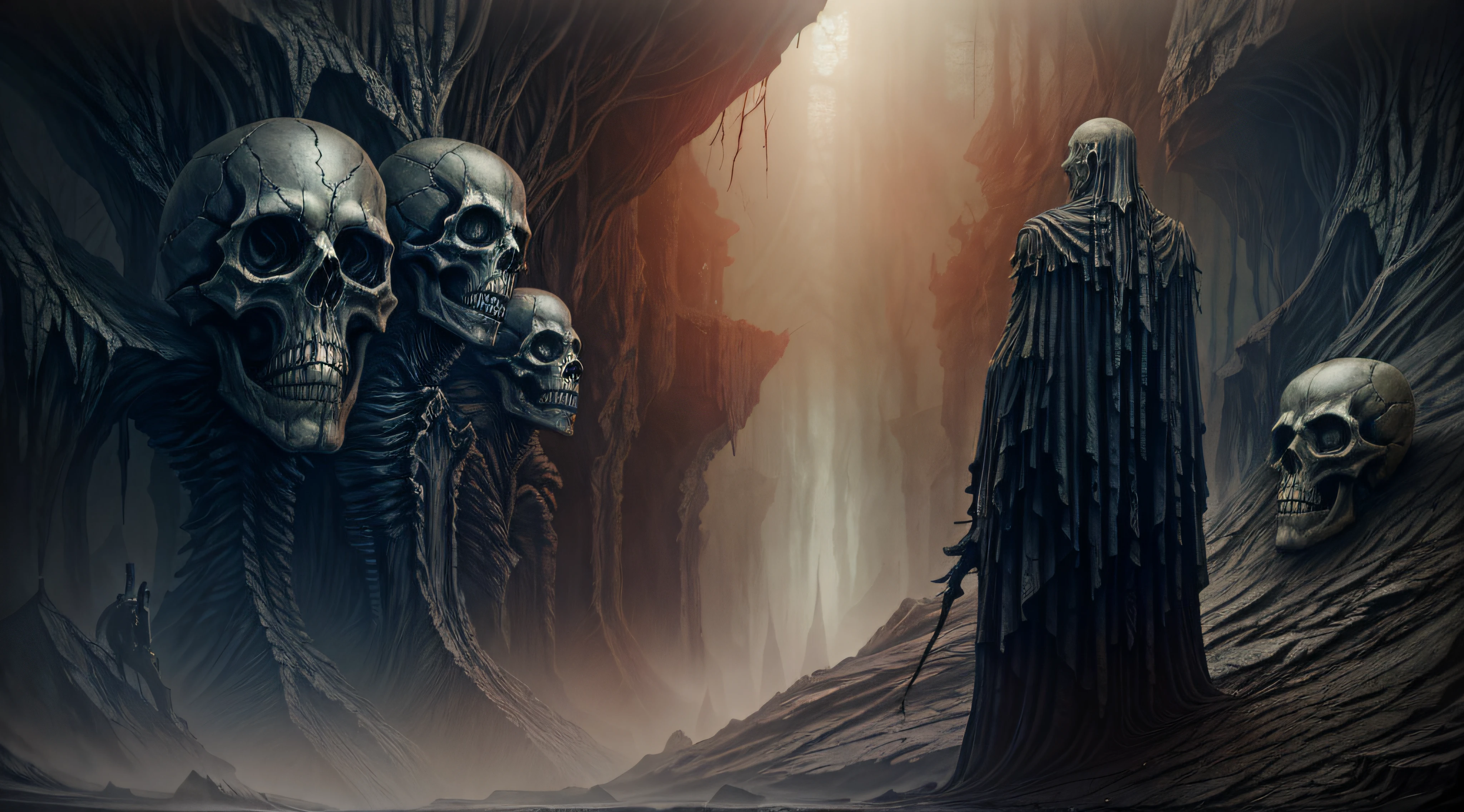 dystopian,Zdzisław Beksiński style,Black Skull Cave,Rained,up-close,Grandiose scenes,Marvel at the scene,Black metal skeleton zombie man,Wide shot, From below, From behind, Dutch angle,Blood flow,Scary atmosphere,Spooky atmosphere,MuCoi,Ultra-Wide Angle, Sony FE GM