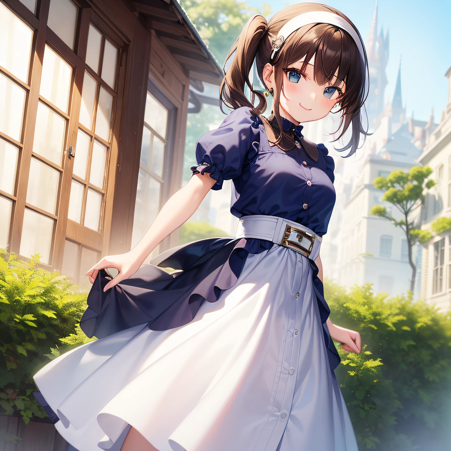 top-quality、extremely delicate and beautiful、Teen Girls、small tits、((((Solo Girl))))、11years old  girl、(dark brown hair)、Blue clothes with vertical buttons、Belt at waist、White skirt、(((poneyTail)))、(white hairband)、(Brown boots)、blue eyess、is standing、A smile、