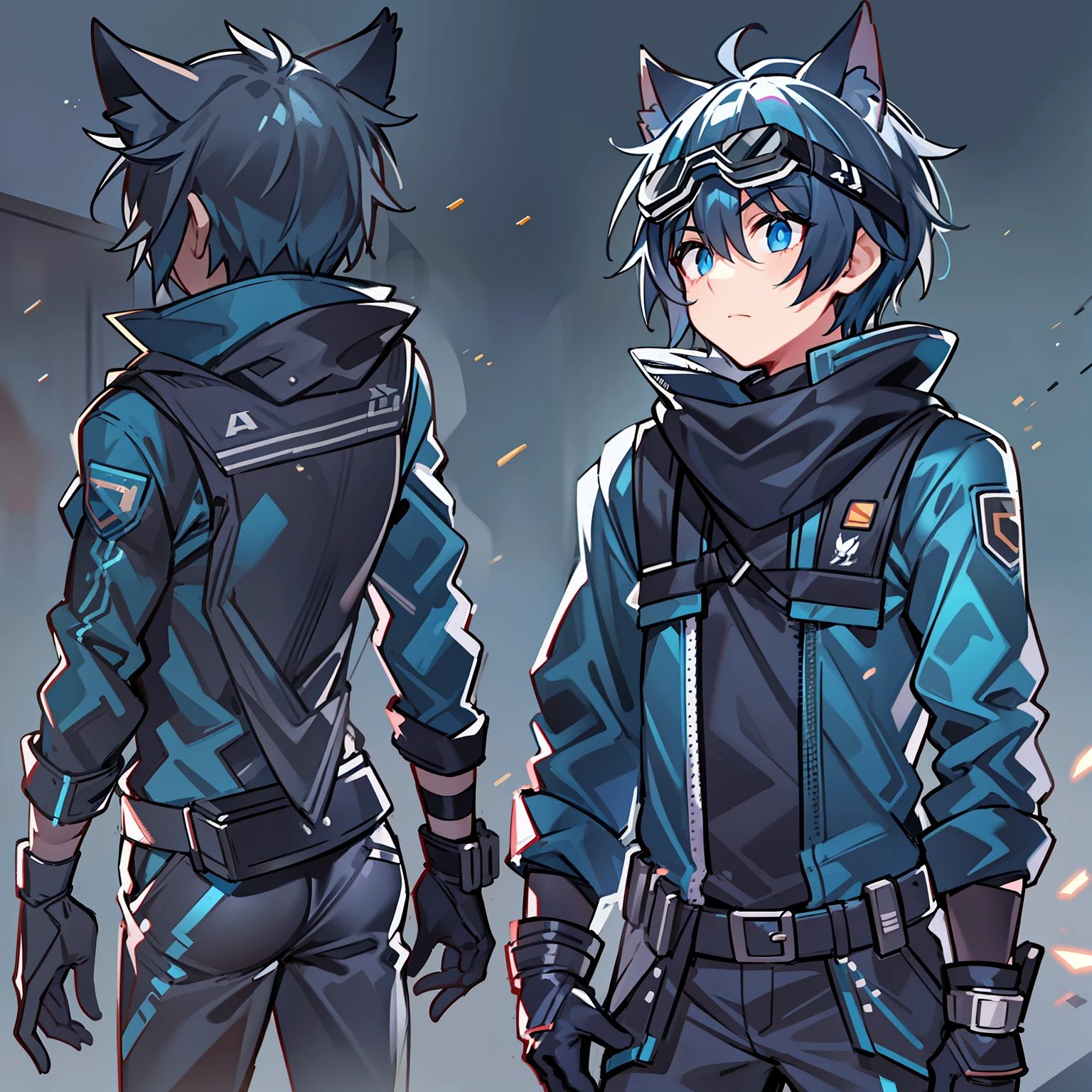 Game CG,8K quality,((younge boy)),juvenile sense,Anime male protagonist,Wolf ears,short,Shining big eyes,Eyes look into the distance,Squint viewing angle,Wolf tail,goggles,((Black and blue jumpsuits)),White gloves,(Racing boots),assassins,Full body like,technology city,Scarf,injury,Sit with open legs,fell,Battle damage,Defeat,dying,No animals