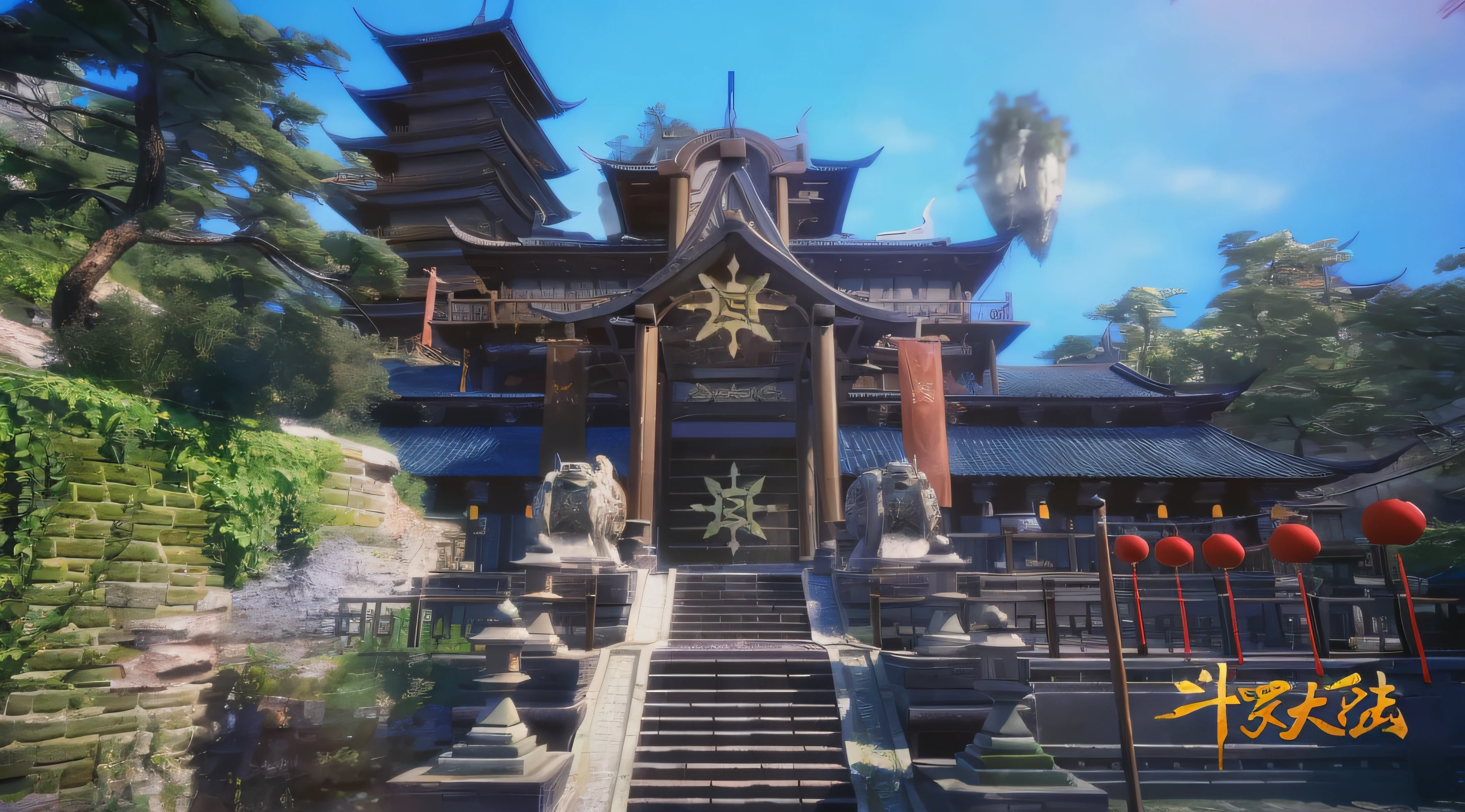 There is a big building,Lots of stairs and lots of trees, cyberpunk japanese temple, mysterious temple setting, inspired by Nōami, intricate ornate anime cgi style, japanese temples, akihiko yoshida. illusory engine, exterior of scifi temple, cyberpunk chinese ancient castle, japanese temples, A Japanese shrine, unreal 6 breathtaking detailed, Beautiful image, Blade and soul
