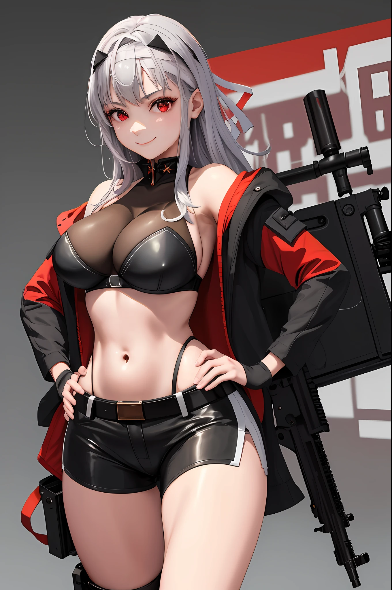 ​masterpiece, top-quality, absurderes, Modania, 1girl, 独奏, red eyes, parka,, a smile, Midriff, a navel, massive hips, put hands on the hip, from the rear, focus ass, upperbody shot, (shooting pose:1.2), (Shoulder submachine gun:1.4)