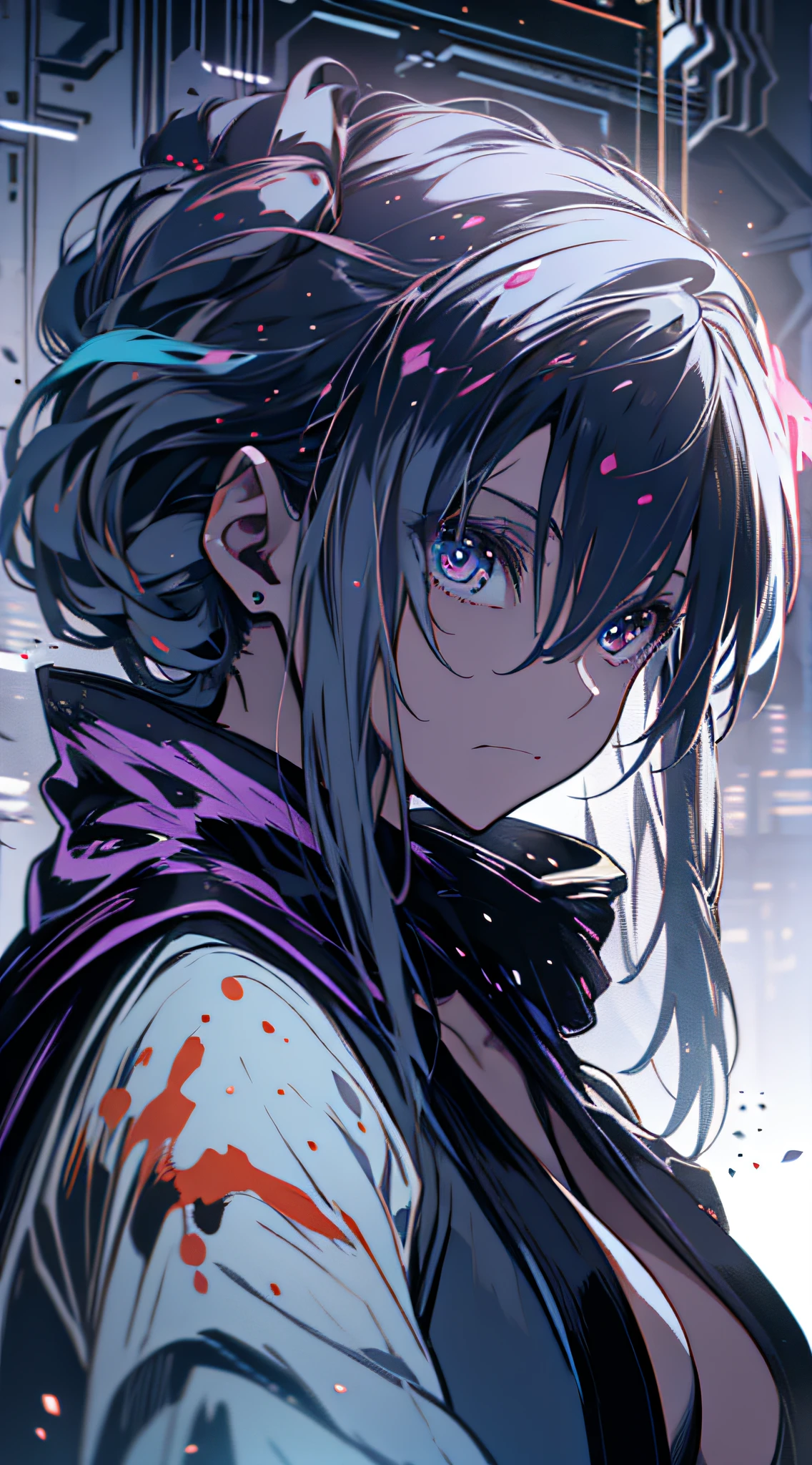 cyber punk Girl,fansty world,background inside dark,Clean design,Epic Instagram,art stations,Colorful paint splashes,contours,Hyper-detailed intricate details,unreal-engine,fanciful,Complicated details,splash image,complementary colours,fantasy concept art,8K分辨率,A masterpiece of deviantart,oil painted,Heavy strokes,paint drips,(Isolate on a white background:1.3),Rainbow skins,(((A handsome young))), ((Girl down:1.5)), (glow blue eyes), ((Eyes have light)),((((Short gray hair:1.1))), ((black-clad)), (prinz\\(Indifferent expression\\),, (((Wearing a luxurious black robe with high details))), A head of white hair,Frost magic,smallunderboob --v 6