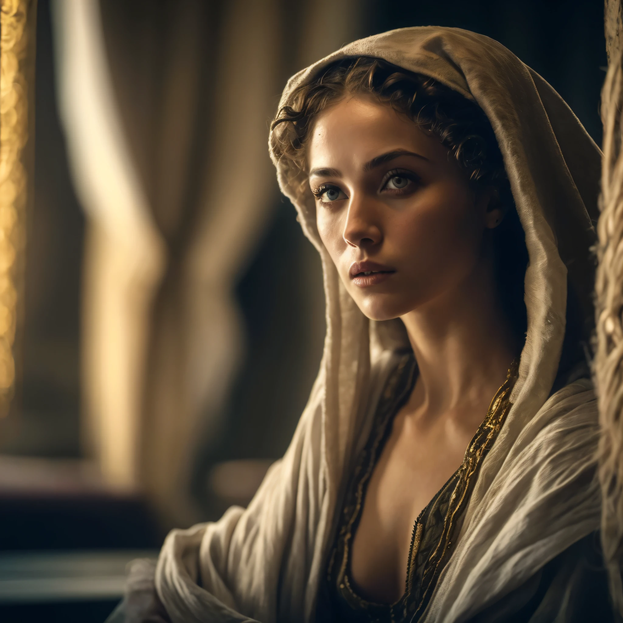 Mulher arrogante em um manto e um capuz sentada em um quarto, filme ainda 8K, Imogen Poots como um guerreiro santo, 8 k filme ainda, Ana de Armas como Joana D'Arc, Olivia Culpo como Milady de Winter, Filme 8K ainda, Poots Imogen como Paladino Santo, Retrato de Megara