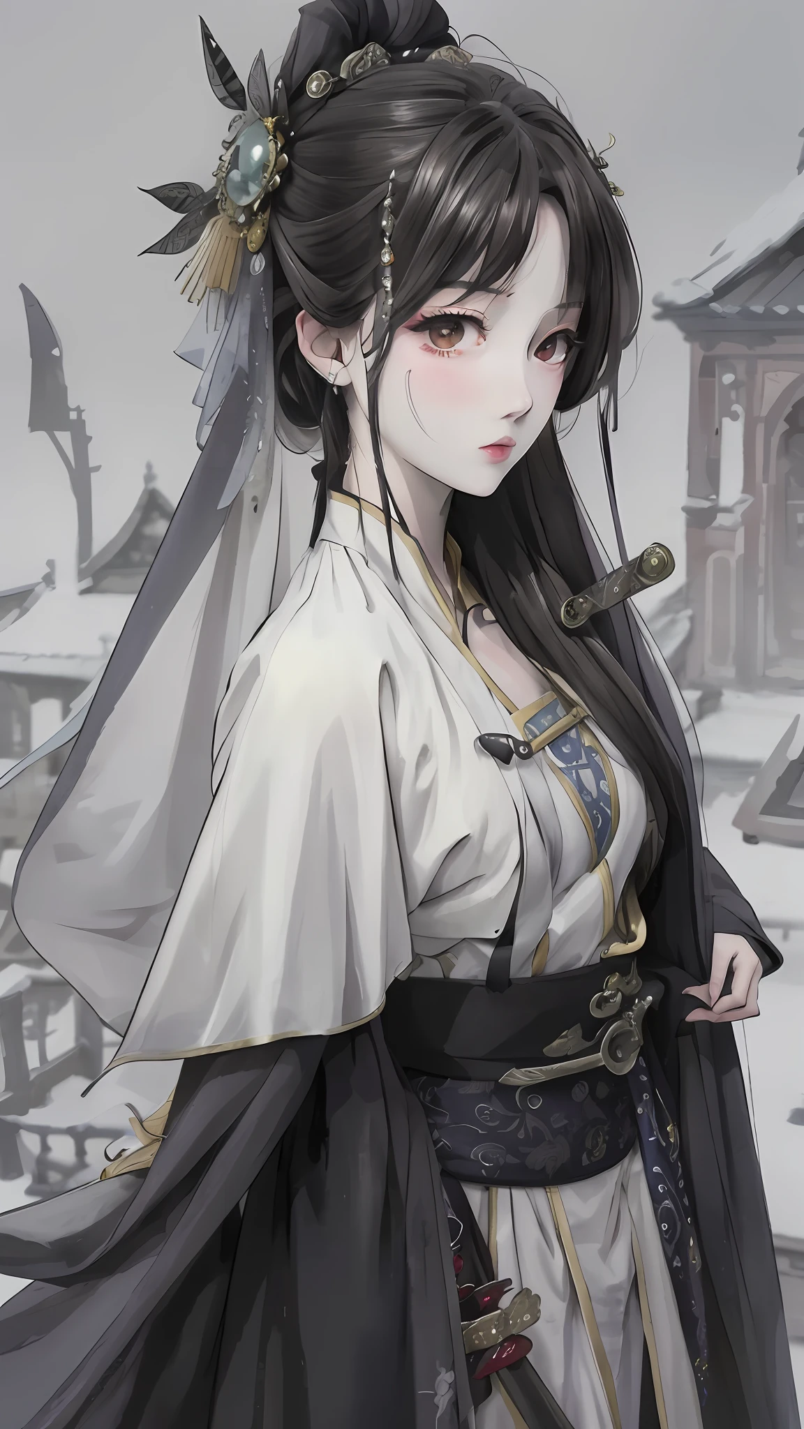 A painting of a woman wearing a veil and a sword, Beautiful character painting, Guviz, Guviz-style artwork, Guweiz in Pixiv ArtStation, Guweiz on ArtStation Pixiv, a beautiful anime portrait, Beautiful anime woman, guweiz masterpiece, style of anime4 K, Palace , A girl in Hanfu