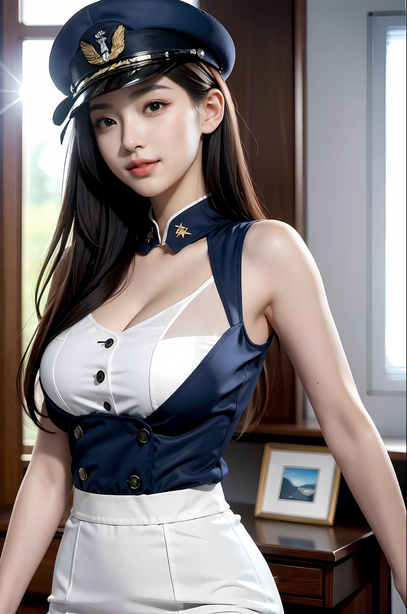(best qualtiy,8K,32K,tmasterpiece,hyper HD:1.2),(realisticlying:1.5),(tmasterpiece,Extremely detailed CG Unity 8K wallpaper,best qualtiy,A high resolution:1.2),(ultra - detailed,hyper HD:1.2),Very cute and beautiful photos of Japanese women,Korean woman,pop star,(Navy top hat:1.2),AS-Adult,(Beautiful military uniform),(detailed beautiful girl:1.4),best qualtiy,woman,AS-Adult,(Detailed US Naval Aviation Uniform:1.5),(white naval uniform:1.3), (White high-waisted pencil skirt:1.3),Meticulous clothes,(Beautiful sunset US Air Force base runway view background:1.3),embarrassed laughing:1,light smile,looking at viewert,face to the viewer,((Perfect female body)),(a narrow waist:1.2),(Upper body image:1.3),Slim,Abs,(Bigchest:1.25),(frame the head)),ventania,dynamicposes,cinematric light,The light from the back window is backlighted,Perfect anatomy,perfectly proportions, detailed human body, Bokeh, depth of fields,
