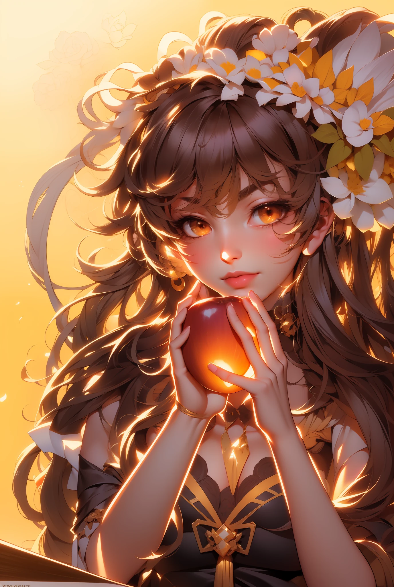 drawing of a girl with a flower in her hair holding an apple, detailed portrait of anime girl, intricate manga drawing, detailed manga style, hyper detailed manga drawing, vintage shoujo, pencil and ink manga drawing, portrait of magical ta girl, manga drawing, detailed anime art, manga illustration, anime sketch, a manga drawing, lolipanese anime artist drawn, during golden hour, photo from vogue magazine, golden hour sunset lighting, golden hour sunlight, shot at golden hour, soft golden hour lighting, sparkling in the sunlight, from girls frontline, kda, from arknights, artwork in the style of guweiz, mysterious coffee shop girl, fine details. girls frontline, by Shitao, girls frontline style, highly detailed exquisite fanart, in a bright cafe, kawacy, high quality fanart,masterpiece, best quality, (extremely detailed CG unity 8k wallpaper), (best quality), (best illustration), (best shadow), absurdres, realistic lighting