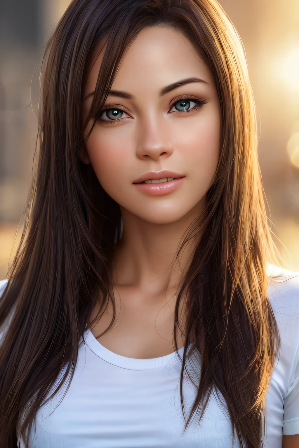 dressed, (photo realistic:1.4), (hyper realistic:1.4), (realistic:1.3),
(smoother lighting:1.05), (increase cinematic lighting quality:0.9), 32K, shiny skin,
1girl,20yo girl, realistic lighting, backlighting, light on face, ray trace, (brightening light:1.2), (Increase quality:1.4),
(best quality real texture skin:0.3), finely detailed eyes, finely detailed face, finely quality eyes, french beauty,
t-shirts, cowboy shot