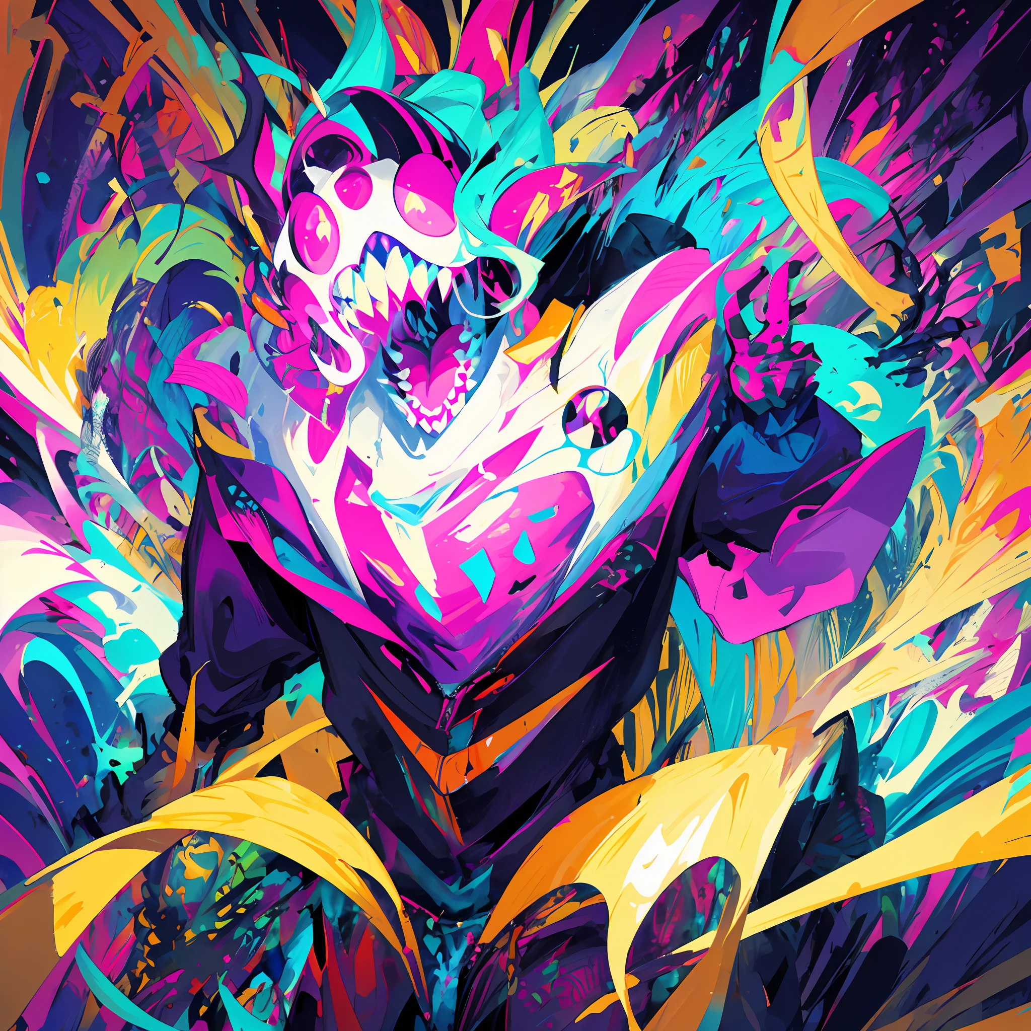 Close-up of a color painting of a large-mouthed demon, psychedelic laughing demon, Scary color art in 4 K, colorfully ominous background, psychedelic cosmic horror, hyper color digital art, bright colors highly detailed, Colorful explosions, Colorful horror art, Colorful film art, Colorful illustrations, Vibrant neon ink painting, scary detailed art in color