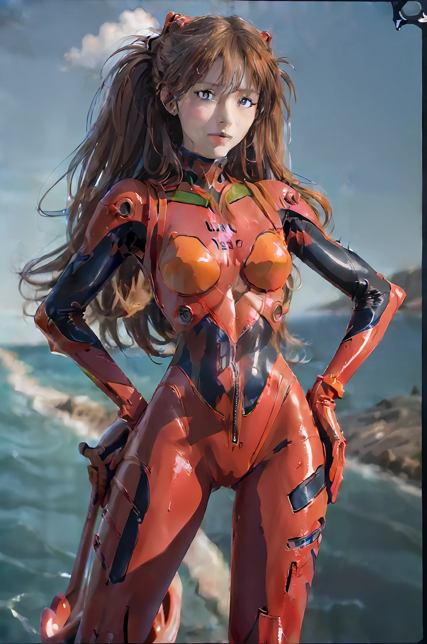 Masterpiece,Best Quality,8k,3D,NSFW1.1,((Full Body:1.1))))), (Realistic),Photograph, Best Quality,Perfect Anatomy,(((Holographic leather))),(Wet body:1.3),Vivid Color,1 Woman,(Blue Eyes,Beautiful Face, Beautiful Eyes)))),((Cute Face),Wet Eyes, Face,Detail Face, Detail lips, ((Detail Eyes)), (Thin and sharp pale eyebrows, long eyelashes), Double eyelids, , (Seductive smile),(Smooth body line), (Turning Pose: 1.1), Standing with legs wide open with hands on hips, 20 years old,(tall,Small face)),(((Su-Liu Aska Langle, crimson plug suit 02:1.5)))),
shiny bodysuit,((cameltoe)),(erect,small logo pattern on the chest is 02,((Black mecha parts with a perfect circle under the chest)),((Black mecha parts on the shoulders with a perfect circle)), delicate clothing wrinkles, two simple thick black lines from the thighs to the buttocks, The inside of the arm is black latex,green parts on the shoulder blades, (delicate and beautiful fingers)),(muscular),(large round chest),thin long waist, thin long muscular thighs, white skin, (face and eye details: 1.1), arrogance, blush,,shy, very delicate and beautiful girl, (to8 contrast style), twin tails, (((open sea,cobalt blue sea, offshore sea,bright blue sky,horizon,pacific ocean,navy aircraft carrier background,battleship deck background,detailed background)))), sunlight,movie lighting: 1,uhd, dslr,fujifilm xt3,sharp focus: 1.2, natural light,maximum clarity and sharpness,multi-layered textures,albedo map and specular map, Surface shading, accurate simulation of light-material interactions