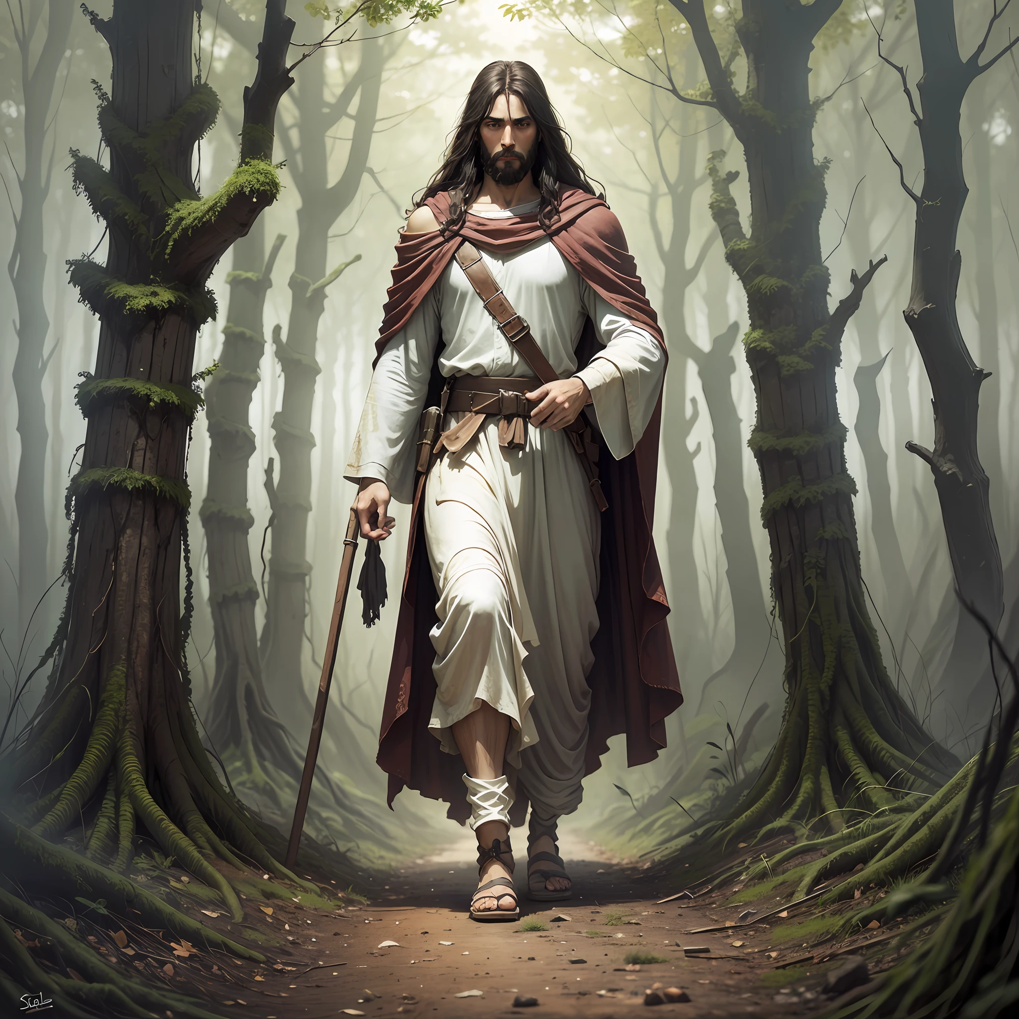 Jesus walking in an apocalyptic forest, realism --auto --s2