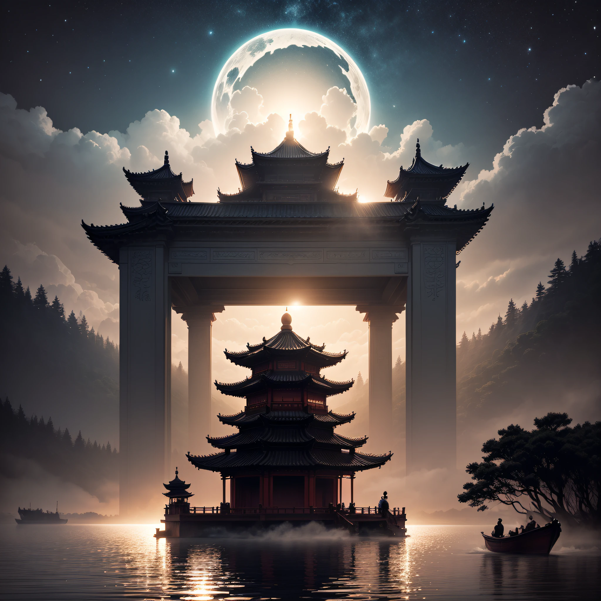 Chinese martial arts style, large area of sky, ink wind, contour light, atmospheric atmosphere, depth of field, rising fog, lake water, lotus lotus leaves, boats, pine trees, octagonal stone pavilion, arch bridge, night view, (no color)