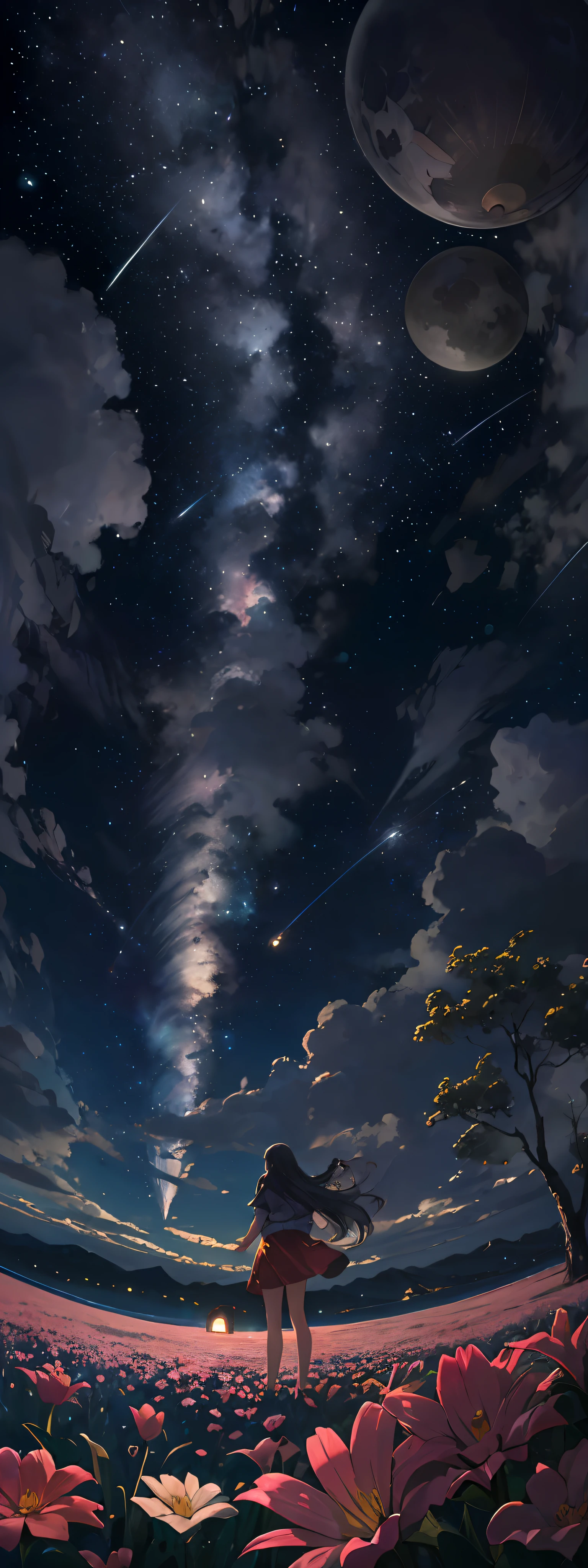 Fotografia de paisagem expansiva, (View from below with a view of the sky and desert below), Girl standing in a field of flowers looking up, (planeta uranos: 1.2), (estrela cadente: 0.9), (nebulosa: 1.3), montanha distante, tree breaking production art, (fonte de luz quente: 1.2), (vagalume: 1.2), bulb, roxo e laranja, detalhe intrincado, Volume Lighting, quebra de realismo (obra-prima: 1.2) (Melhor Qualidade), 4K, ultra-detalhado, (Dynamic configuration: 1.4), detalhes altamente detalhados e coloridos, (cores iridescentes: 1.2), (bright illumination, Atmospheric Illumination), sonhador, magica, (solo: 1.2)