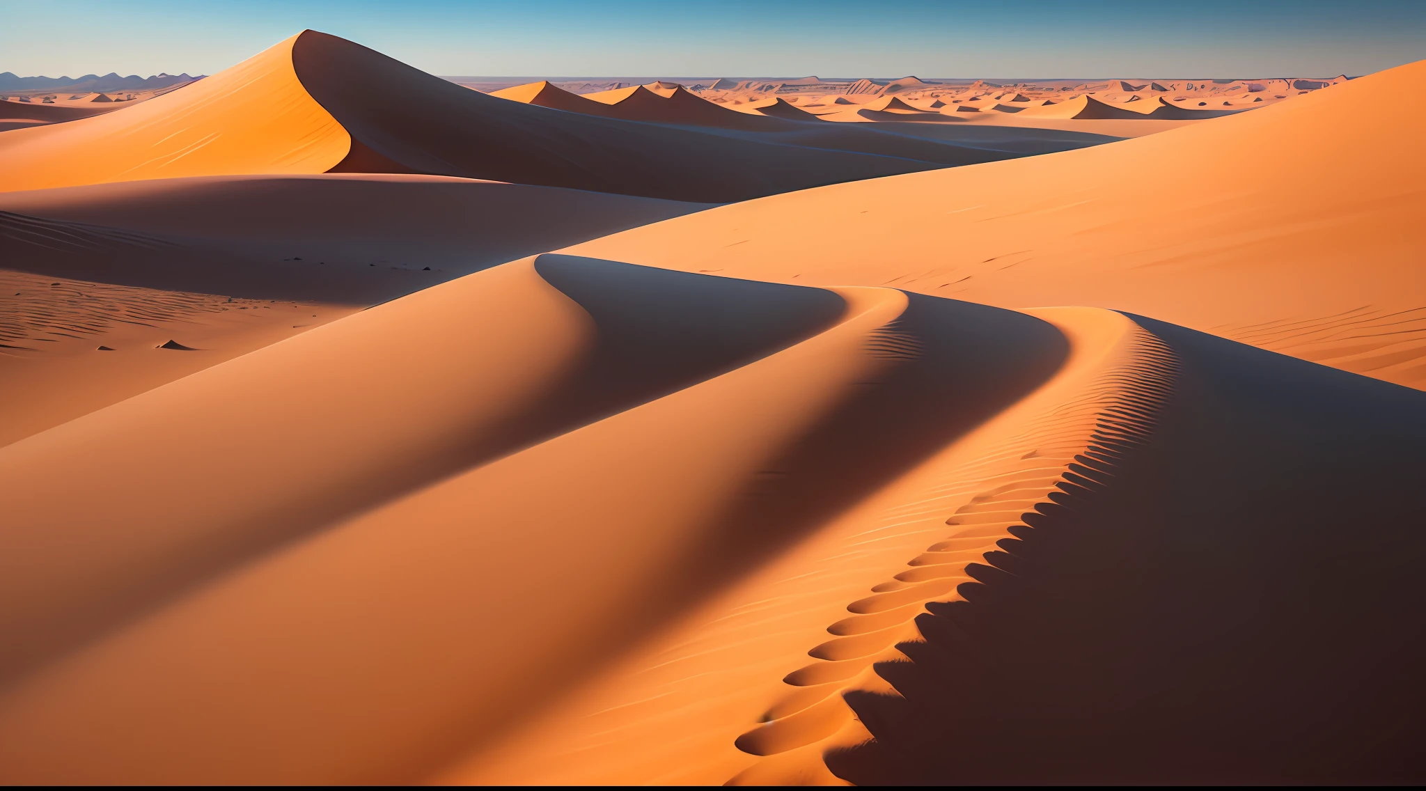 A panoramic view of Dune 45 in the landscape around Sossusvlei, light and shadow, Namib Naukluft National Park, Namibia, Namib Desert, Africa. The dune is tall and imposing, with its bright reddish sides contrasting with the clear blue sky. The surrounding landscape is dry and barren, with a few small plants and shrubs scattered around. The sun shines brightly, creating strong shadows on the sides of the dune. The image is beautiful and majestic, capturing the beauty and power of the Namib Desert. high detailed, 8k, upscaled, unreal engine 5 rendering, high quality coloring, high quality, extreme detail, 4k, ultra hd.