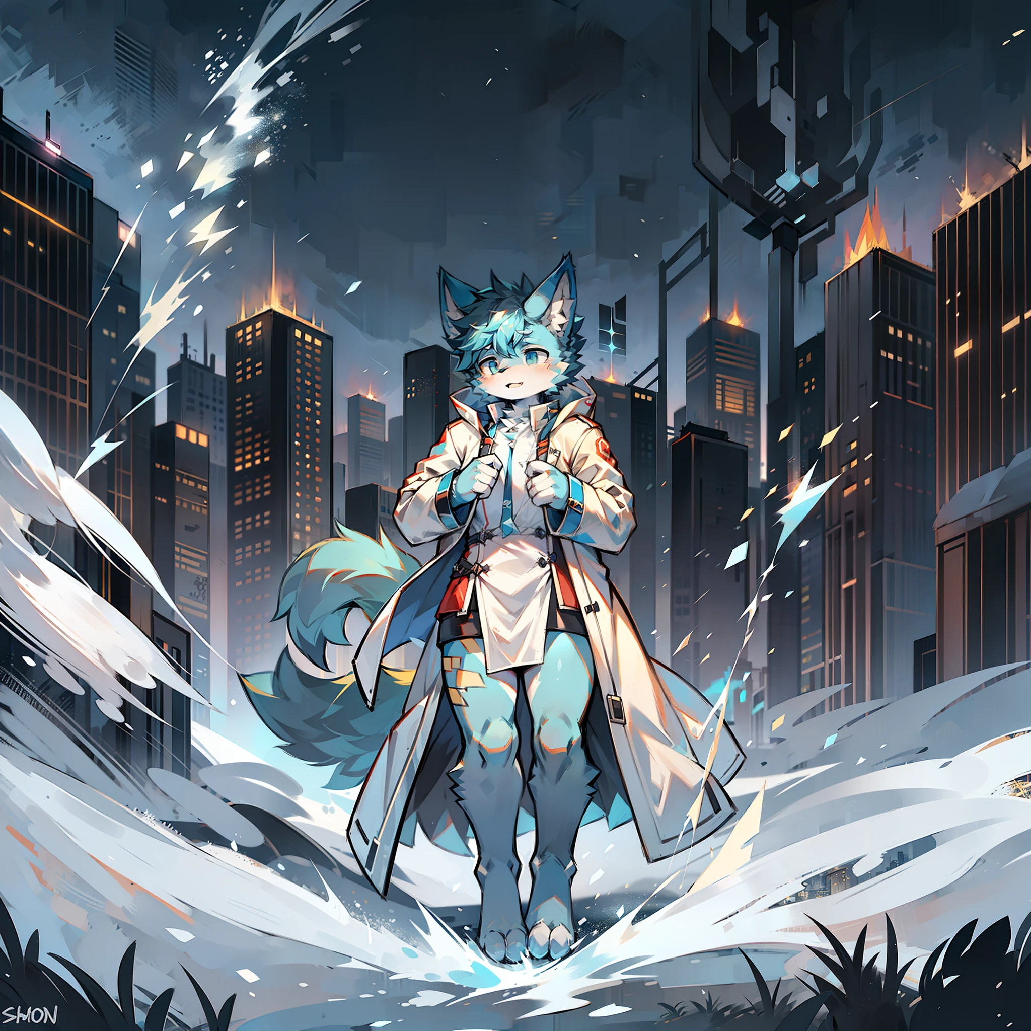 Cybermetropolis,Thunder,drifting snow,Male blue cat,Chinese trench coat,Quantum ghost,firmament,shoun