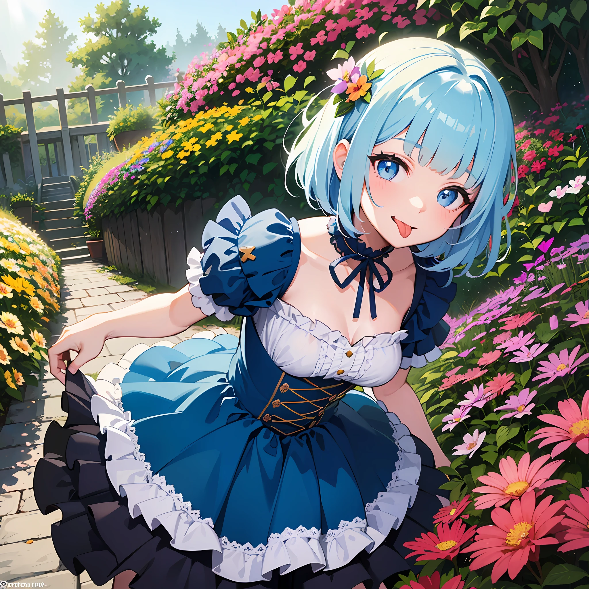 (masterpiece:1.3), (best quality:1.3), high resolution,
couboy shot,
leaning forward, (holding:1.1), body facing forward,
(one cute girl:1.3), solo,
white skin, small Breast, eight-headed person,
light blue hair, (bobbed hair:1.2), (short hair:1.2), (blunt bangs:1.2), beautiful hair, blue eyes, beautiful detailed eyes,
(tongue out:1.3), heart, cheerful smile,
frilled dress, (bouquet:1.1), blue check skirt, Simple Costumes,
outdoors, flower garden, natural park,
shadowlighting,