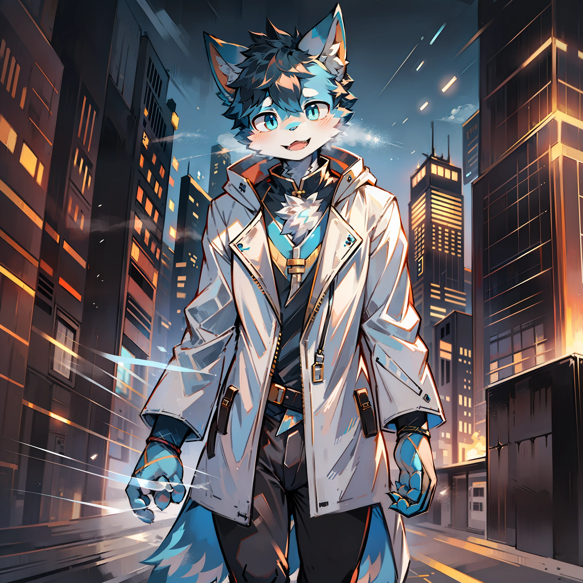 Cybermetropolis,Thunder,drifting snow,Male blue cat,Chinese trench coat,Quantum ghost,firmament,shoun