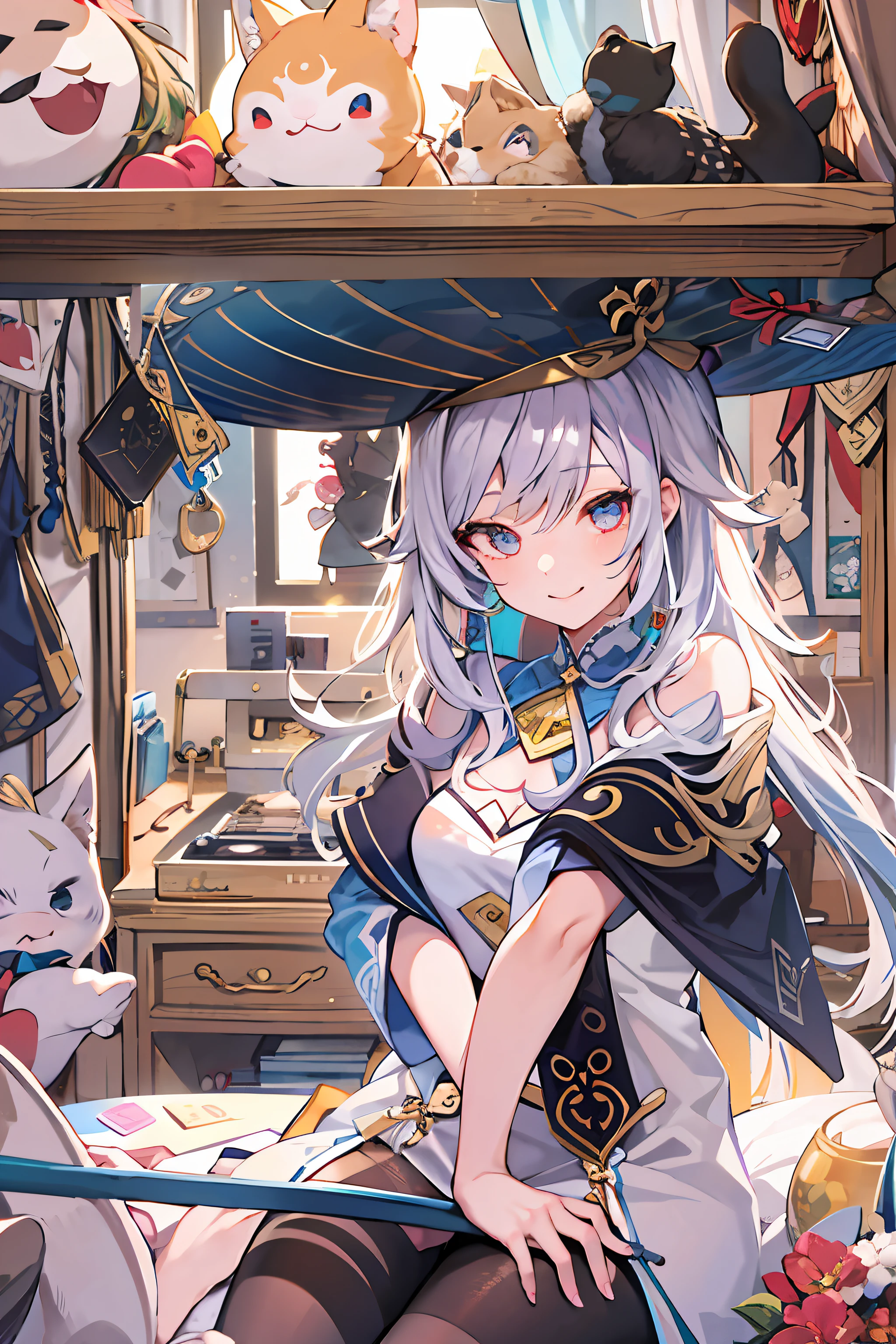 tmasterpiece,best qualtiy,4K,ultra - detailed,finely detailed face and eyes,cinmatic lighting,Sunlight through the window,Viewer at the top, Gan Yu\(Genshin Impact\),blue hairs,pyjamas,((dark circles around the eyes)),A sleepy girl yawns on the bed in her bedroom,UHR, with her mouth open, (Speaking heart:1.4)Eyebrows visible through hair,Gradient hair,grinning smile,long whitr hair,illustration,(Cover style:1.3),Fashionab,woman,with dynamism,posing on a,frontage,Colorful,dyna,Background with,element in,self-assured,Expressing the,halter,statement,Accessory windings,Runt,Touching pubic area,Scenes,text,Cover of a,boldness,attention-grabbing,titles,Fashionab,typeface,Catchy,titles,more big,Smart,modern day,Fashionab,focus-on、Fashionab、