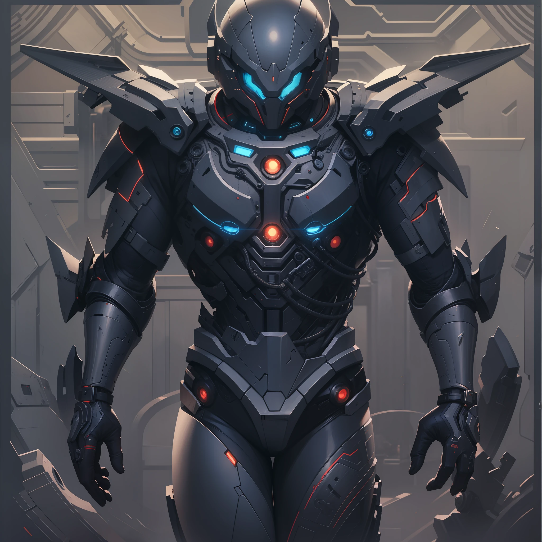 navy space Machine of battle suit , with clean lines，Compact，Overall slim，Conforms to the human curve，in dark colors that has the ribs of a living being with glowing veins across the surface. A futuristic，Full metal frenzy，The eva on its back a mixture of carapace, technology, and electronics. dramatic, best quality, real, super detailed, 8K, Intricate elegance， fanciful， A detailed， Designed by Greg Rutkowski and Alphonse Mucha， Gradient lighting，