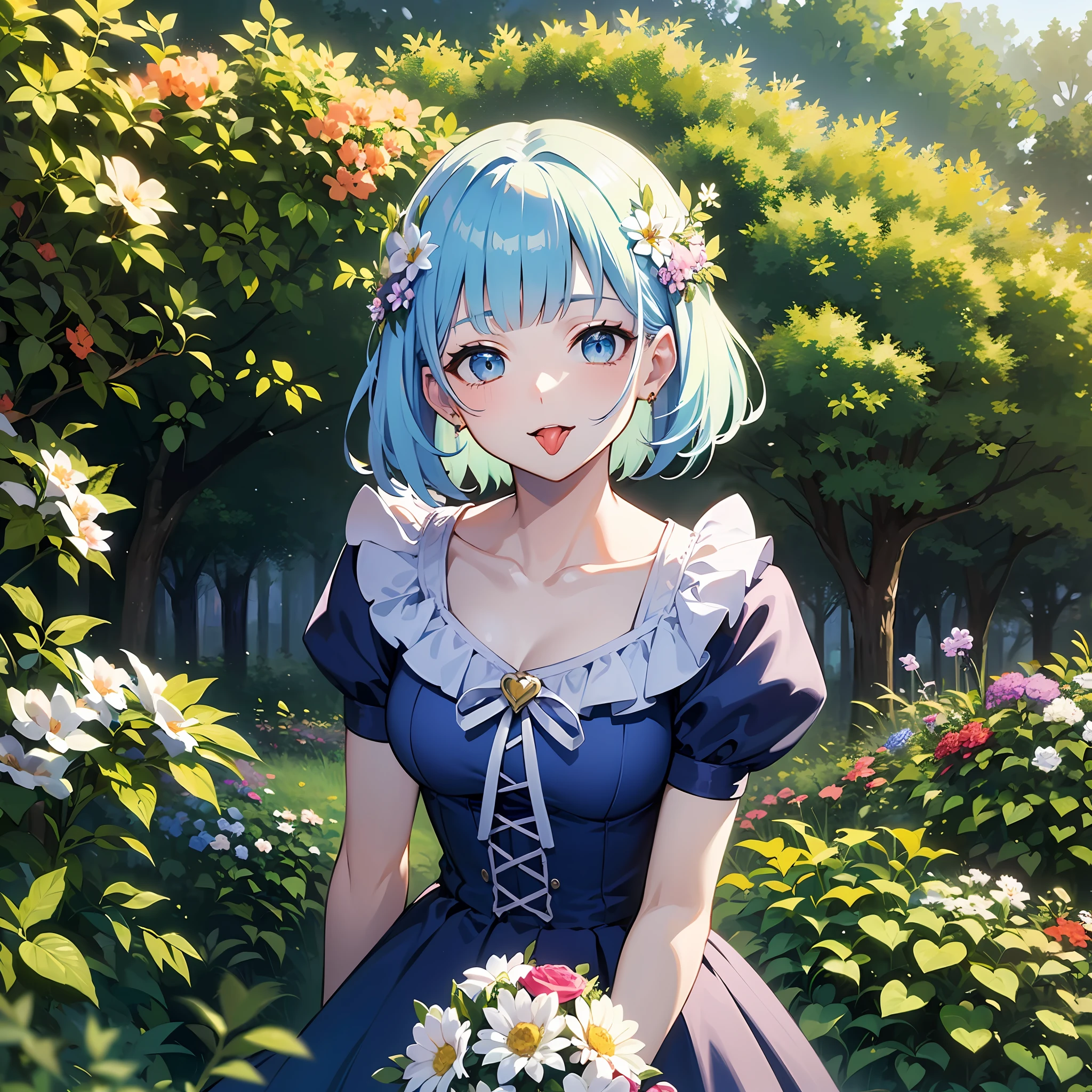 (masterpiece:1.3), (best quality:1.3), high resolution,
couboy shot,
leaning forward, (holding:1.1), body facing forward,
(one cute girl:1.3), solo,
white skin, small Breast, eight-headed person,
light blue hair, (bobbed hair:1.2), (short hair:1.2), (blunt bangs:1.2), beautiful hair, blue eyes, beautiful detailed eyes,
(tongue out:1.3), heart, cheerful smile,
frilled dress, (bouquet:1.1), blue check skirt, Simple Costumes,
outdoors, flower garden, natural park,
shadowlighting,