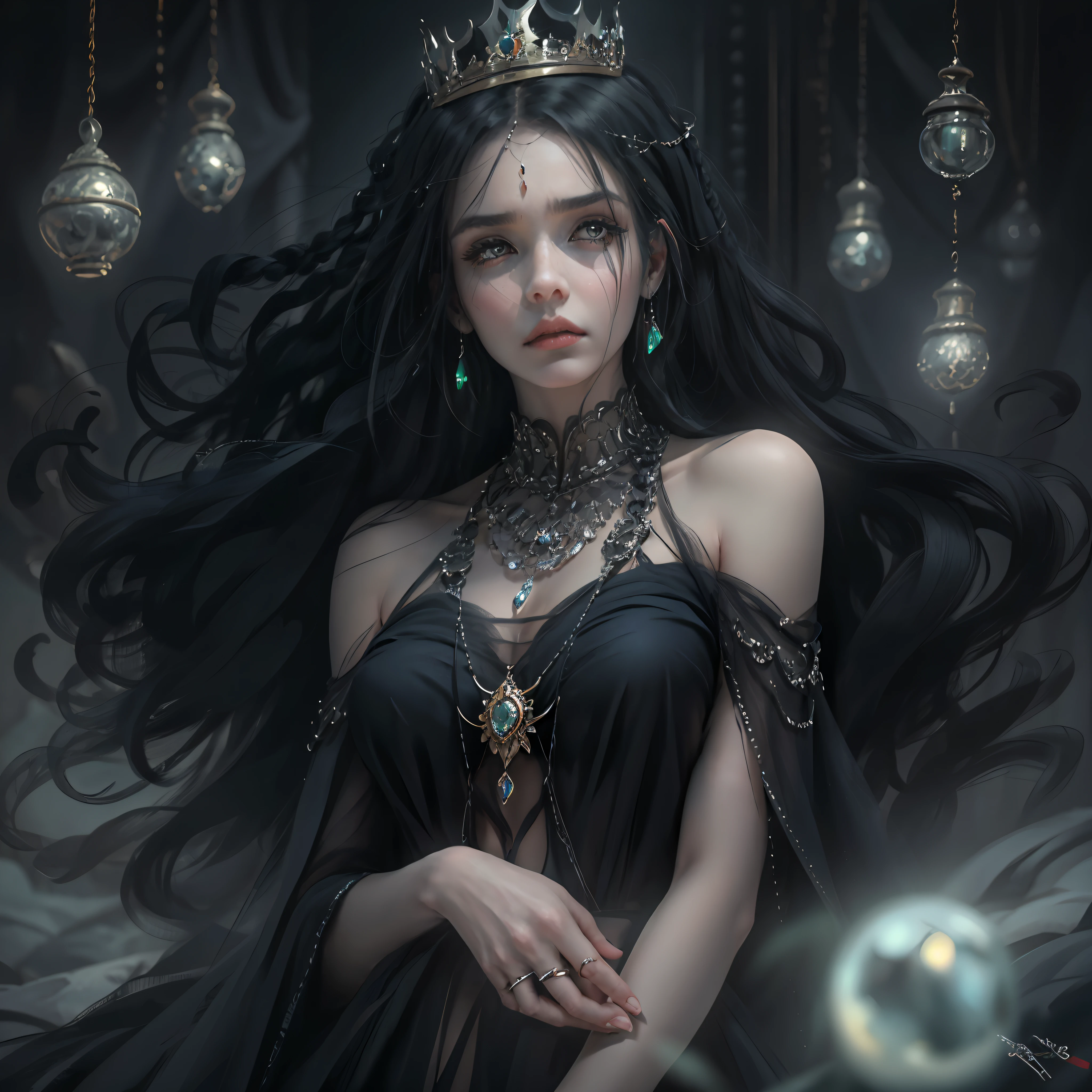 Phlegm sputum, phlegm, 1girll, Black dress, Black hair, Blurry, The background is blurred out, Braid, Breasts, circle of the crone, dress, Pedras preciosas, ghostblade, With gray eyes, A high resolution, jewelry, Lips, Long hair, necklace, Princess Aeolia, ring, Small breasts, Solo , ((Masterpiece)) ,wlstyle,Phlegm sputum, phlegm,Phlegm sputum, phlegm,nigh sky,inside in room,Black veil,A crown with precious stones,sideface,with a melancholy expression,Keep your mouth shut