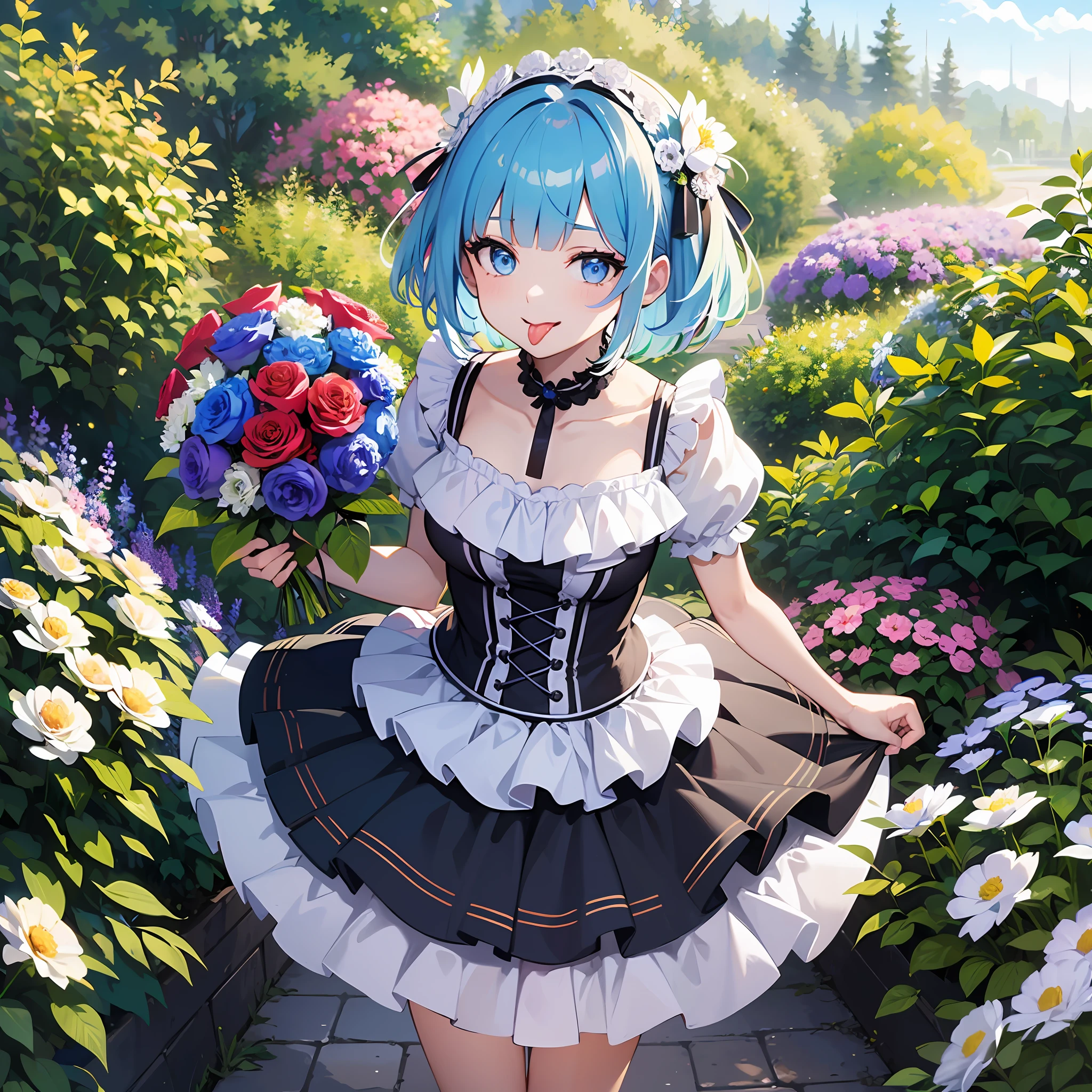 (masterpiece:1.3), (best quality:1.3), high resolution,
couboy shot,
leaning forward, (holding:1.1), body facing forward,
(one cute girl:1.3), solo,
white skin, small Breast, eight-headed person,
light blue hair, (bobbed hair:1.2), (short hair:1.2), (blunt bangs:1.2), beautiful hair, blue eyes, beautiful detailed eyes,
(tongue out:1.3), heart, cheerful smile,
frilled dress, (bouquet:1.1), blue check skirt, Simple Costumes,
outdoors, flower garden, natural park,
shadowlighting,