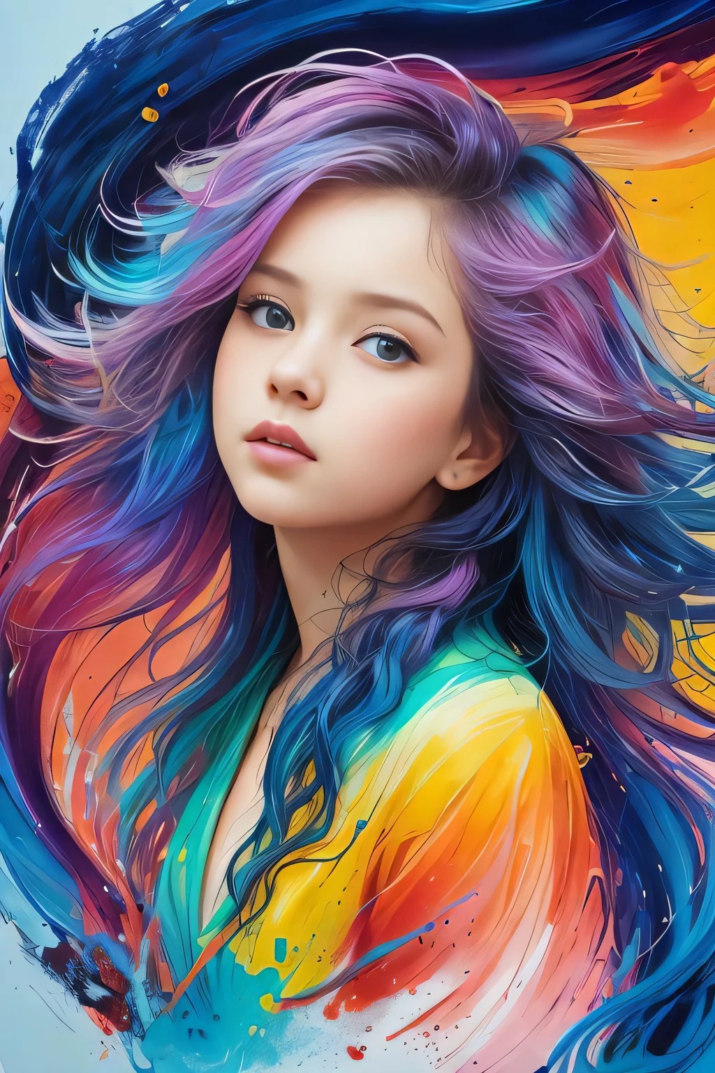 Colorful beautiful girl: a giru 8-years old, messy hair, oil painting, nice perfect face with soft skinice perfect face, blue yellow colors, light purple and violet additions, light red additions, intricate detail, splash screen, 8k resolution, masterpiece, cute face,artstation digital painting smooth veryBlack ink flow: 8k resolution photorealistic masterpiece: intricately detailed fluid gouache painting: by Jean Baptiste Mongue: calligraphy: acrylic: watercolor art, professional photography, natural lighting, volumetric lighting maximalist photoillustration: by marton bobzert:, complex, elegant, expansive, fantastical, wavy hair, vibrant