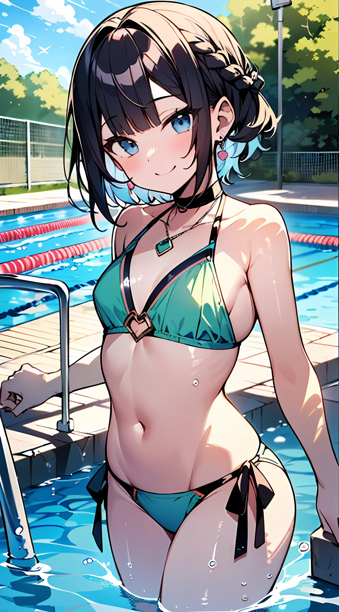 (Incredibly ridiculous absolute resolution:1.5)、hiquality、top-quality、masuter piece、Anime girl in white-green bikini, A sexy、Smiling:1.3、Shy laughter、Anime Loli, 8k Manga Wallpapers, ((small curvy loli))、 pretty anime girl,((swimming pools))、(Medium short hair)、(short braided hair)