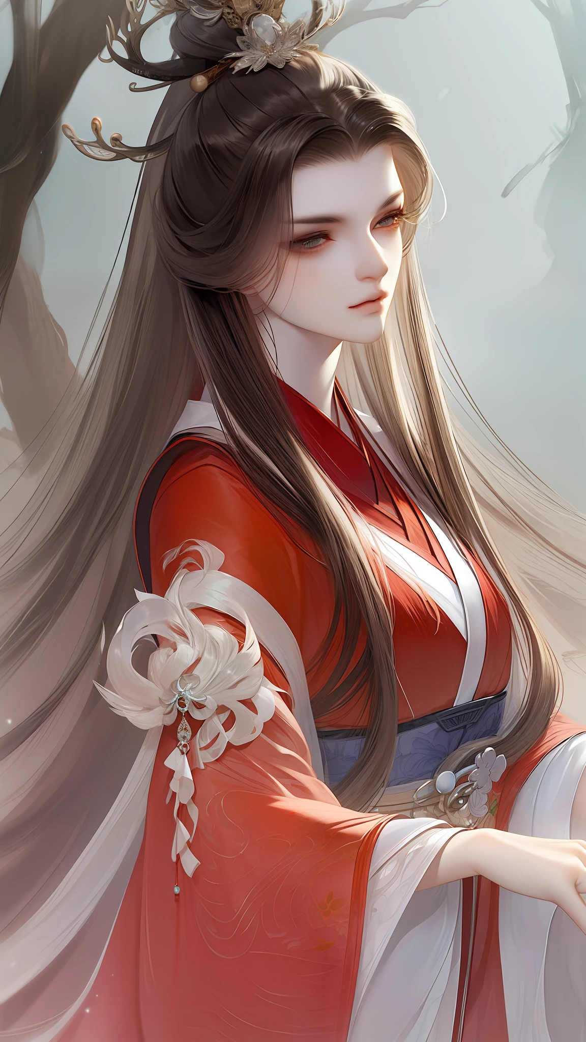 best qualtiy，tmasterpiece，highly detailed wallpaper，1 beautiful woman，female focus，brunette color hair，long whitr hair，详细的脸，gorgeous hair accessory，looking at viewert，Hanfu，超高分辨率，sketching，ink wash style