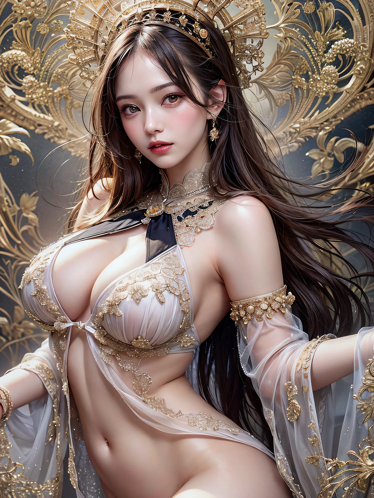 masutepiece, (Best Quality:1.4), Realistic, extremely detailed CG unified 8k wallpaper, ighly detailed, High-definition raw color photos, professional photograpy, Realistic portrait, Cinematic Light, Beautiful detailed, 1girl in, (Naked:1.5), Beautiful big breasts, breasts details, Exposed breasts, (cleavage of the breast:1.2), (Fine face:1.2), Close up of a girl in fully transparent clothes with wide open front, Bare shoulders, (Fully transparent clothing with a wide open chest:1.4), open chest wide, Undress、No bra, No panties, (cameltoe details), Fantasy Art, Outdoors, high intricate detailed, float, cum on, Sense of truth,