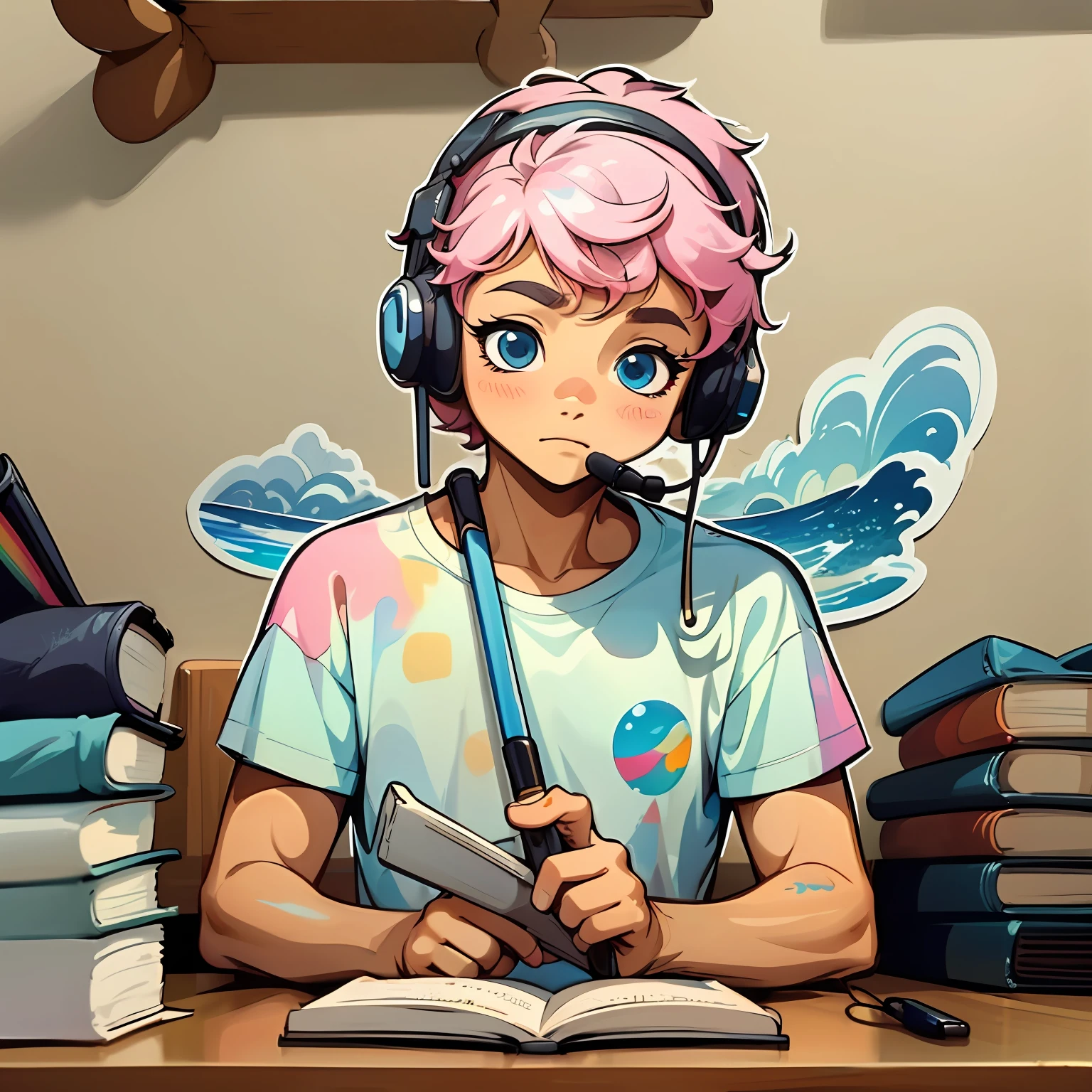 1sticker，Handbook，（1 lecherous boy，Modern clothes，T-shirt top，Beach pants，headset on head，Computer desk，poster for）， aquarelle，white backgrounid， simple backgound， dk， adolable， Small， pastel colour， vectorstyle， no gradien，