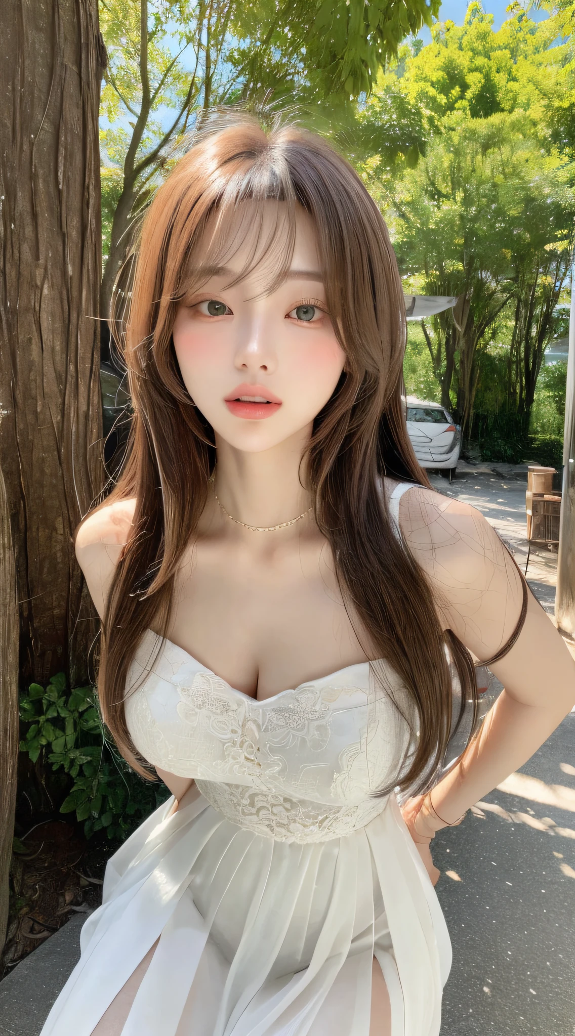 perfect figure beautiful woman：1.4，Layered Hair Style，Protruding cleavage：1.2，wetclothes：1.1，Half-way dress：1.1，Highly Detailed Face and Skin Textur，Narrow eyes，二重まぶた，Whitens the skin，long whitr hair，（Keep one's mouth shut：1.3）