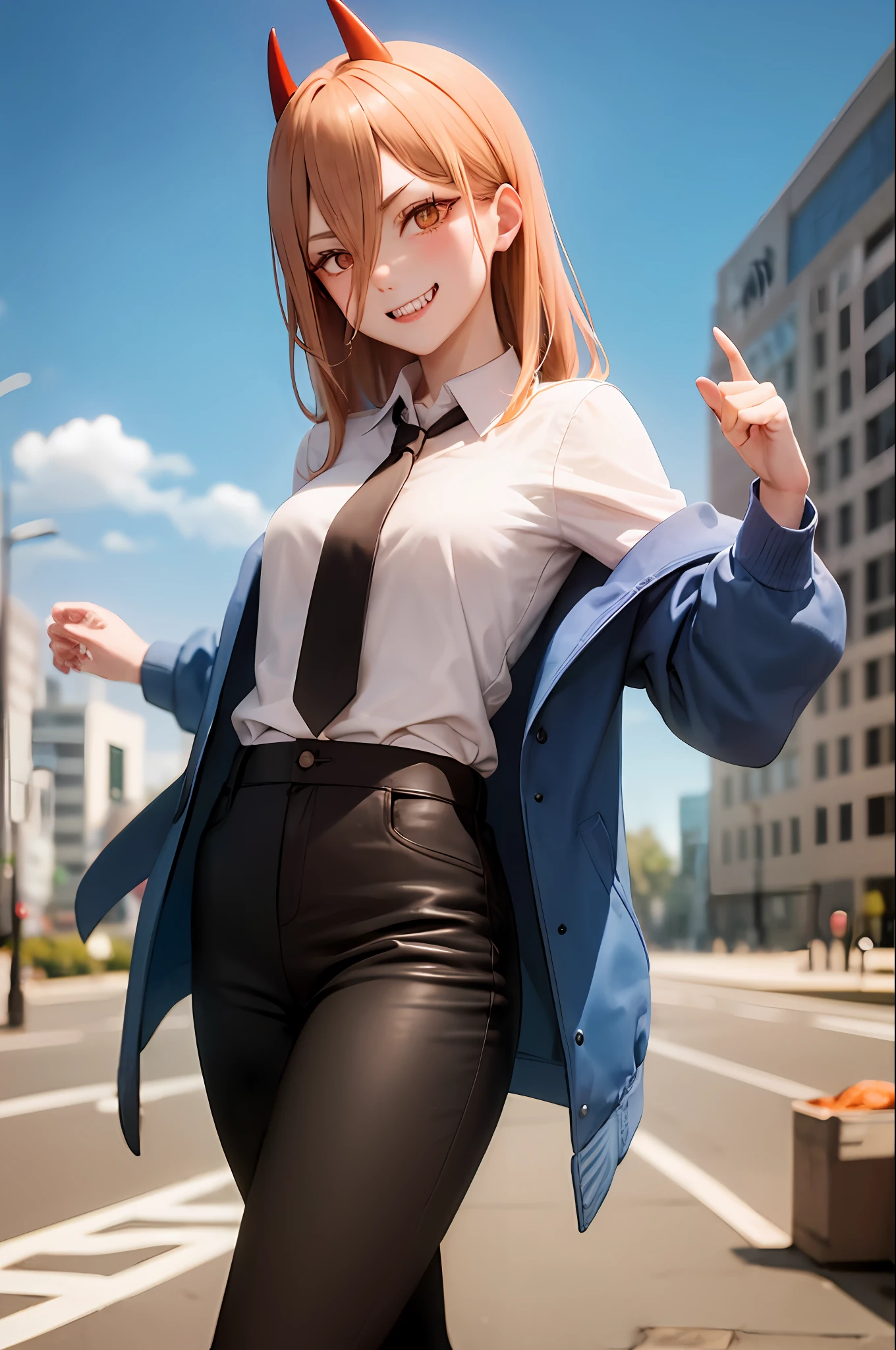(masterpiece, best quality:1.2), cowboy shot, solo, 1girl, power \(csm\), sharp teeth, grin, looking at viewer, cross-shaped pupils, blue jacket, collared shirt, black necktie, black pants