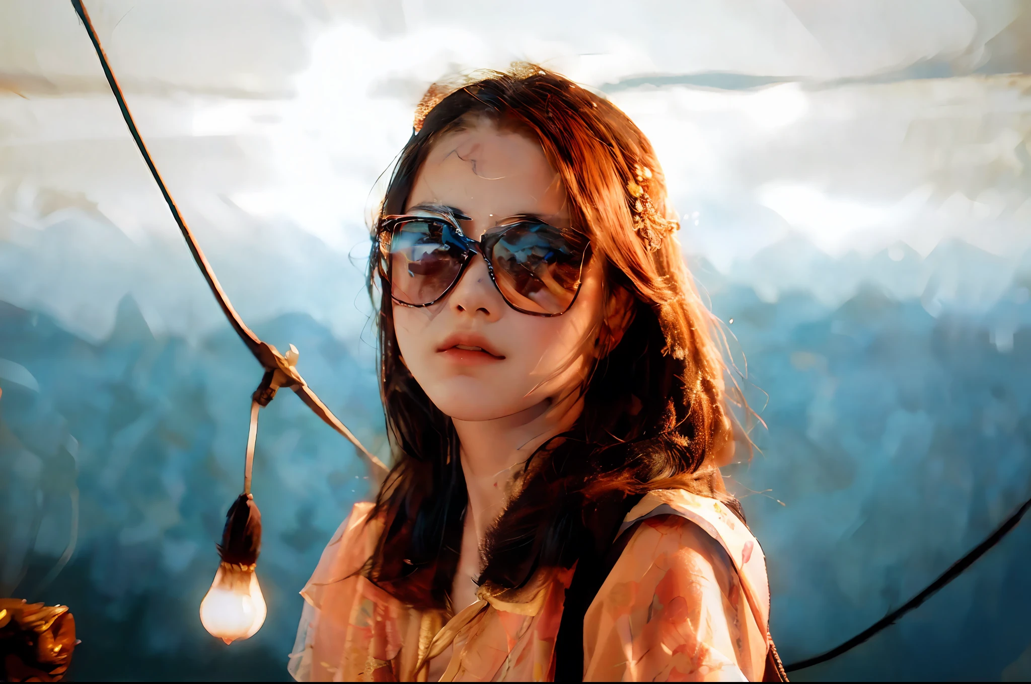 (RAW photo, best quality), (realistic, photo-realistic:1.3),best quality,highly detailed,masterpiece,ultra-detailed,illustration,1girl,upper_body,dynamic angle,world masterpiece theater,messy_long_hair,best quality,extremely detailed CG unity 8k wallpaper,ink,Amazing,cinematic lighting,lens_flare, dunhuang_style