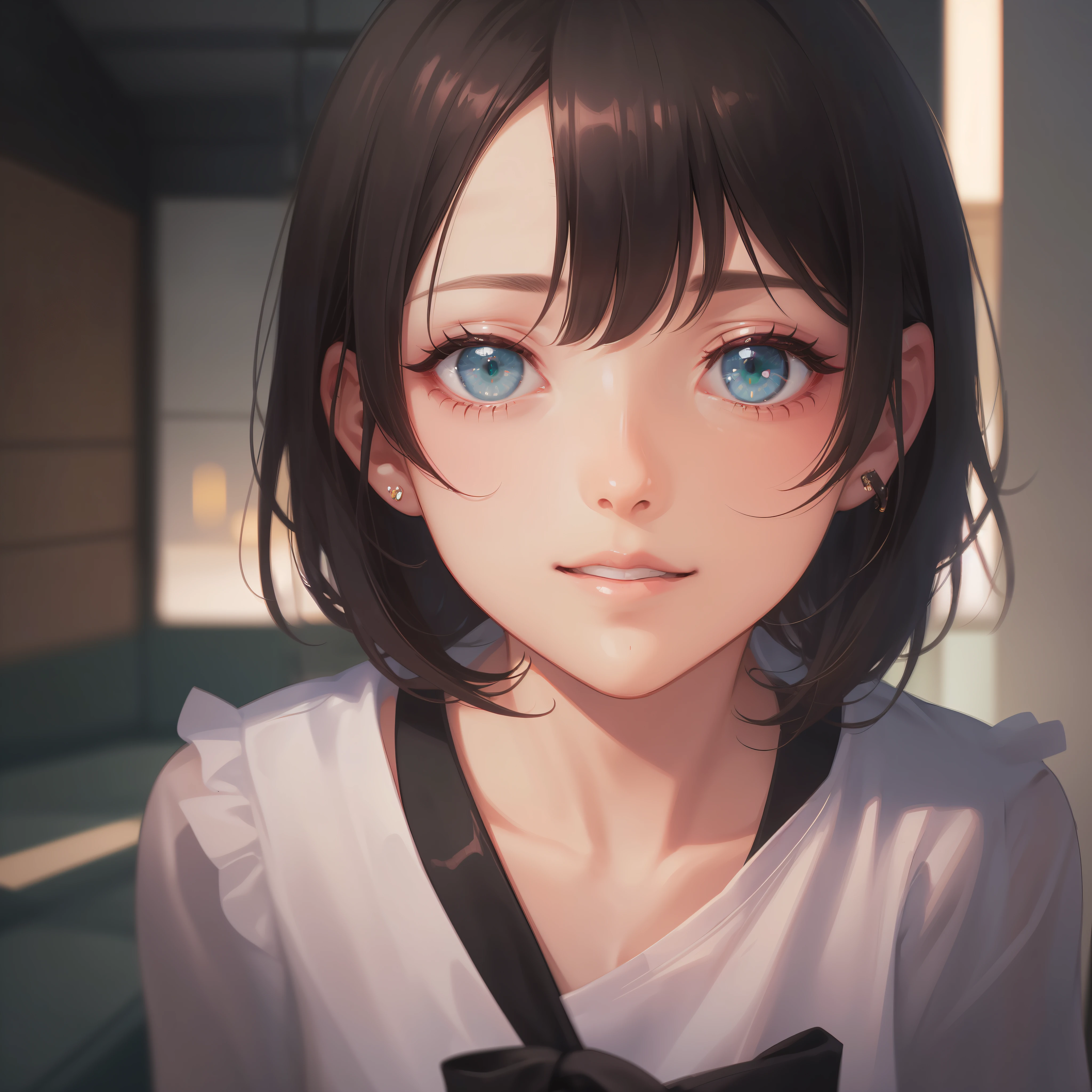 masterpiece, of the highest quality, Super Detail: 1.6), Illustration, (Solo, One girl, Beautiful detailed eyes: 1.2), (masutepiece, of the highest quality, Super Detail: 1.6), Illustration, Best Quality, Dynamic Range, Bokeh, Indoors, short hair, Brown hair, tuck one side hair behind ear, Green eyes, Looking at Viewer, Smile, Anime, (masutepiece,Best Quality,Ultra-detailed:1.6), (lip, nose, tooth, rouge, lipstick, eyeshadow:1.4), (blush:1.2), (jpeg artifacts:1.4), (depth of field, bokeh, blurry, film grain, chromatic aberration, lens flare:1.0), (1boy, abs, muscular, rib:1.0), greyscale, monochrome, dusty sunbeams, trembling, motion lines, motion blur, emphasis lines, text, title, logo,