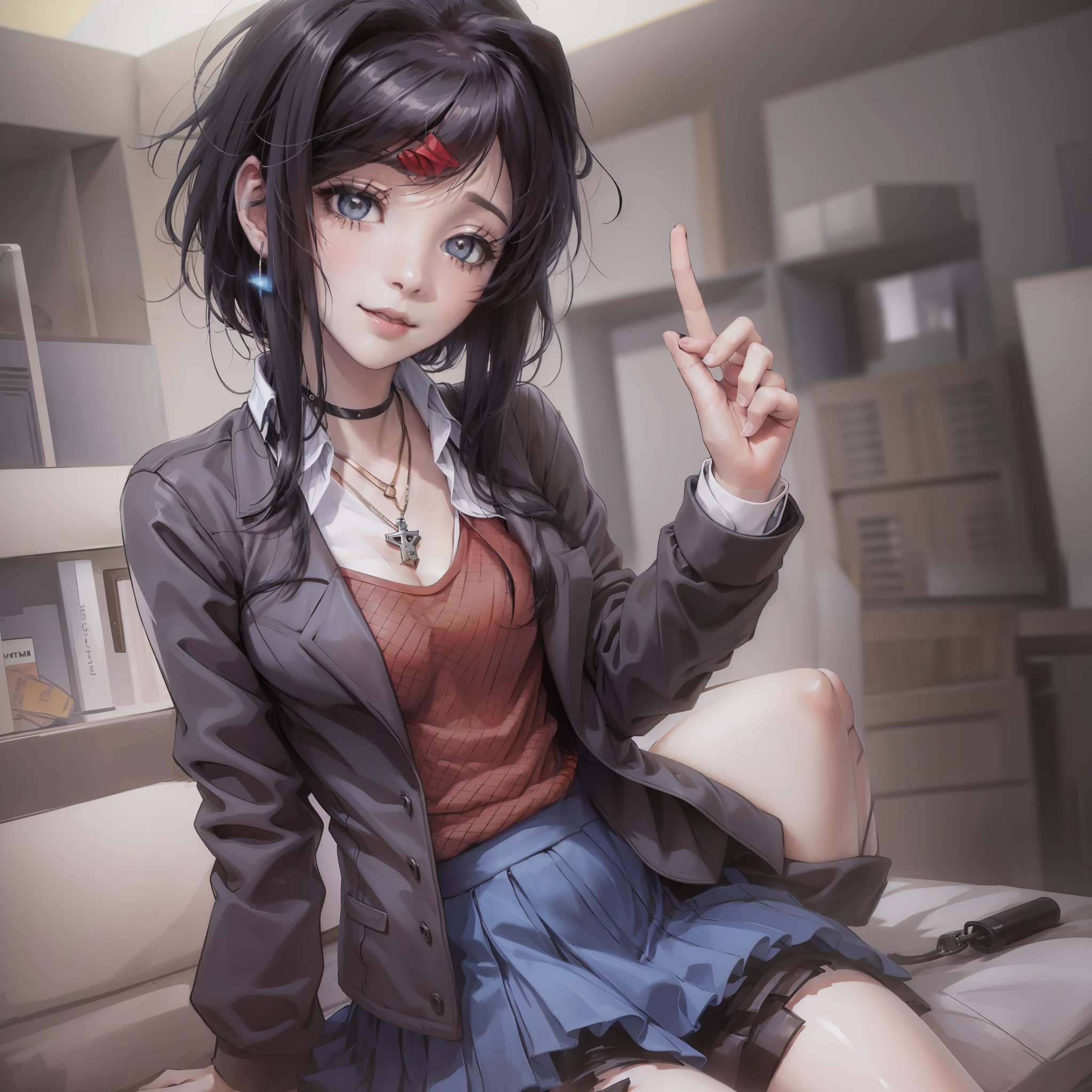DDLCYURI, HAIR ORNAMENT, HAIRCLIP, LONG HAIR, (BLACK EYES:1.1), BLACK SHORT HAIR, GRIN, SMILE, BLAZER, BLOUSE, BLUE SKIRT, JACKET, BROWN JACKET, MINISKIRT, NECK RIBBON, RIBBON, SCHOOL UNIFORM, SHIRT, SKIRT, WHITE SHIRT, WING COLLAR, CASUAL CLOTHES, GREY SWEATER, MINISKIRT, PANTS, RIBBED SWEATER, SKIRT, SWEATER, TURTLENECK, TURTLENECK SWEATER, black eyes with eyeliner, puffy black hair scene emo, short emo hair, hair ornament, hair clip, medium boobs, school uniform, jacket, short hair, pleated skirt, skirt, blue skirt, ((blush)), indoors, in a classroom, necklace cross, earrings, emo, scene, fashioncore, black stockings, emo hair, gothic, lip piercing, nasal septum, emo, visual kei, poffy hair,, Dark,