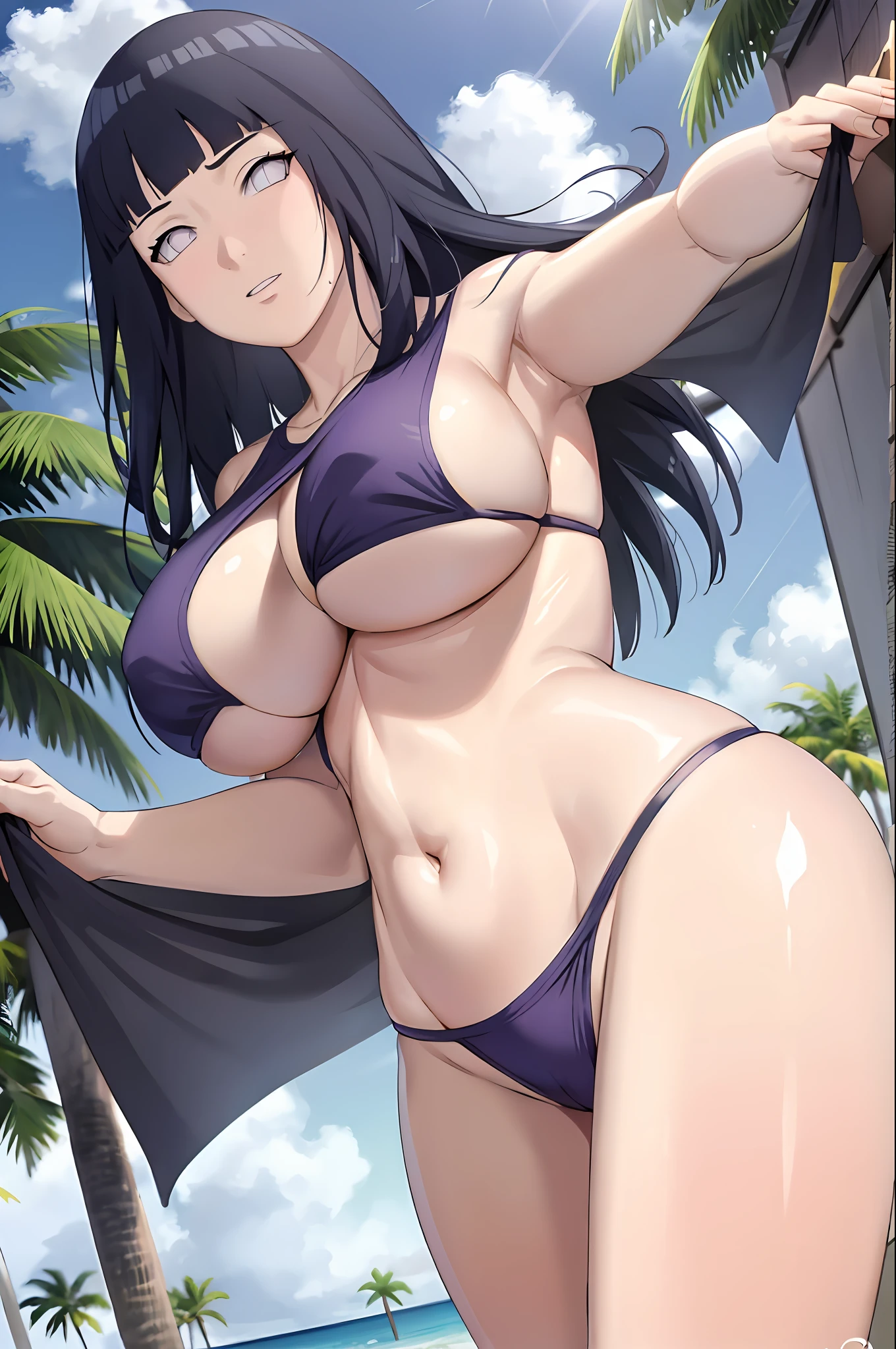 Top quality, masterpiece, from_below, look_at_viewer, look_down, masterpiece, highly detailed 8k CG unit, movie lighting, Miao Qingqing, 1 girl, swimsuit, solo, slot machine, chest, sun, sky, cleavage, clouds, single blade, dark blue hair, casual one-piece swimsuit, white one-piece swimsuit, big, hair over the shoulder, cowboy shot, from below, from the front, looking at the viewer, Chamale, jumping, dynamic poses, turning to the viewer, huge breasts, huge buttocks, curvaceous, thick thighs, hair camel toe, blush, sweat drops, standing, hands covering the chest, beach, sea, sunlight,