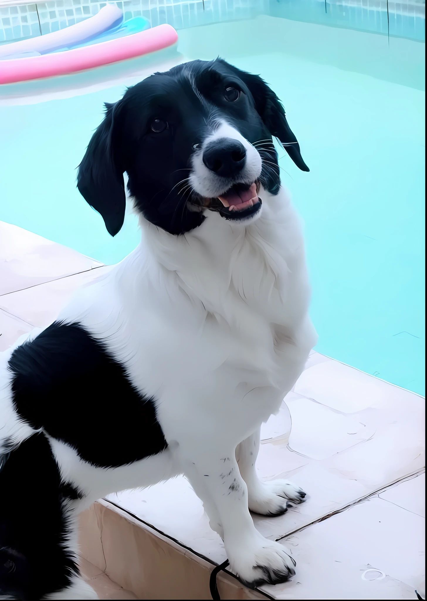 There is a black and white dog sitting on a ledge by a pool, um bonito, pimenta, sentado na piscina, Handsome, extremamente bonito, menina bonita, olhar orgulhoso, preto e branco, preto e branco, quatro patas, pet animal, manchado, branco com manchas pretas, friendly face, Regal Pose, happy dog, muito bonito