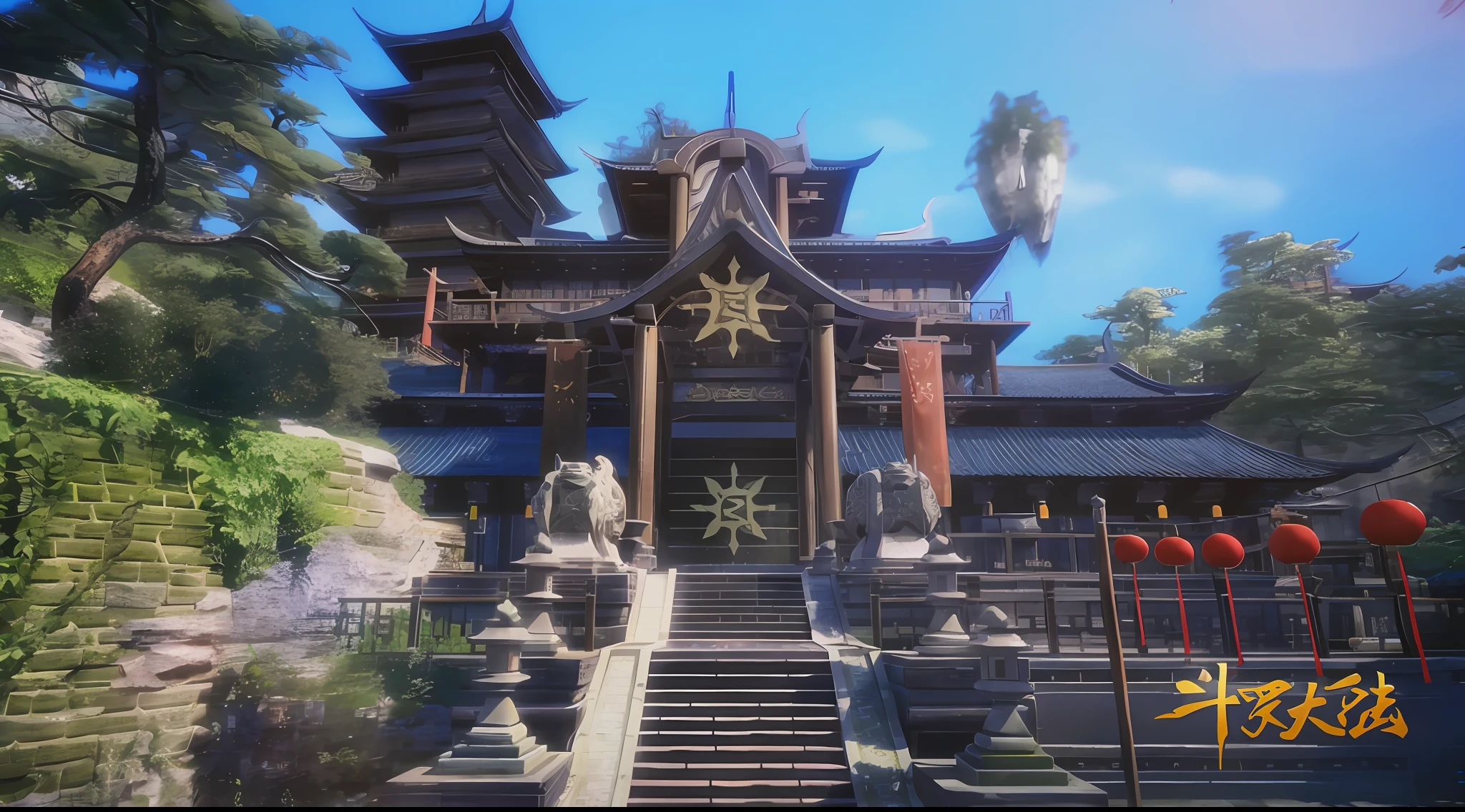 There is a big building，Lots of stairs and lots of trees, cyberpunk japanese temple, mysterious temple setting, inspired by Nōami, intricate ornate anime cgi style, japanese temples, akihiko yoshida. illusory engine, exterior of scifi temple, cyberpunk chinese ancient castle, japanese temples, A Japanese shrine, unreal 6 breathtaking detailed, Beautiful image, Blade and soul