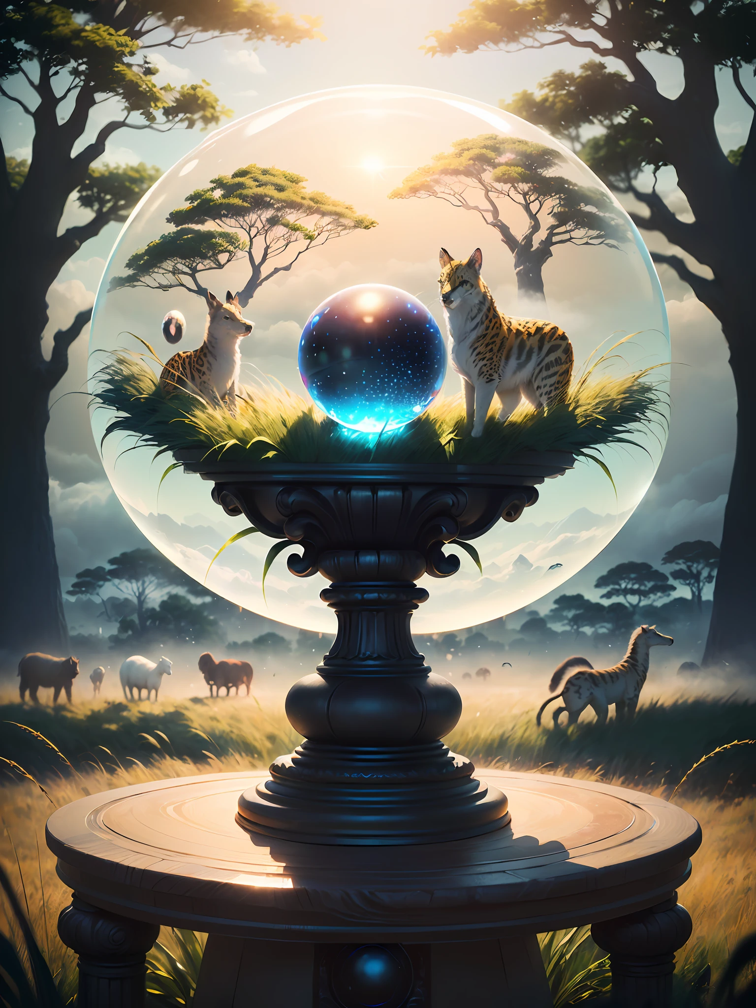 Hyper-realistic、16K High Resolution、(Maximum Sharp Focus:1.3)、(Maximum Close-up:1.5)、(Lots of animals in a single crystal ball with pedestal on table:1.3)、(savanna、grass field、massive trees:1.5)、(white clouds、White fog:1.3)、(Large bokeh background、blue back light:1.3)